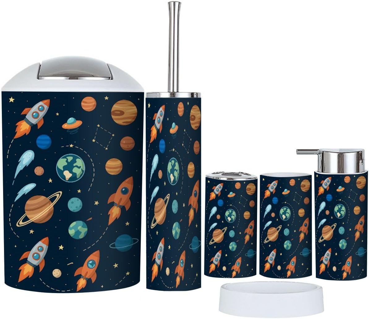 Bathroom Helper Set 6-Piece Space Theme Kids Cartoon Planet Seamless Rocket UFO