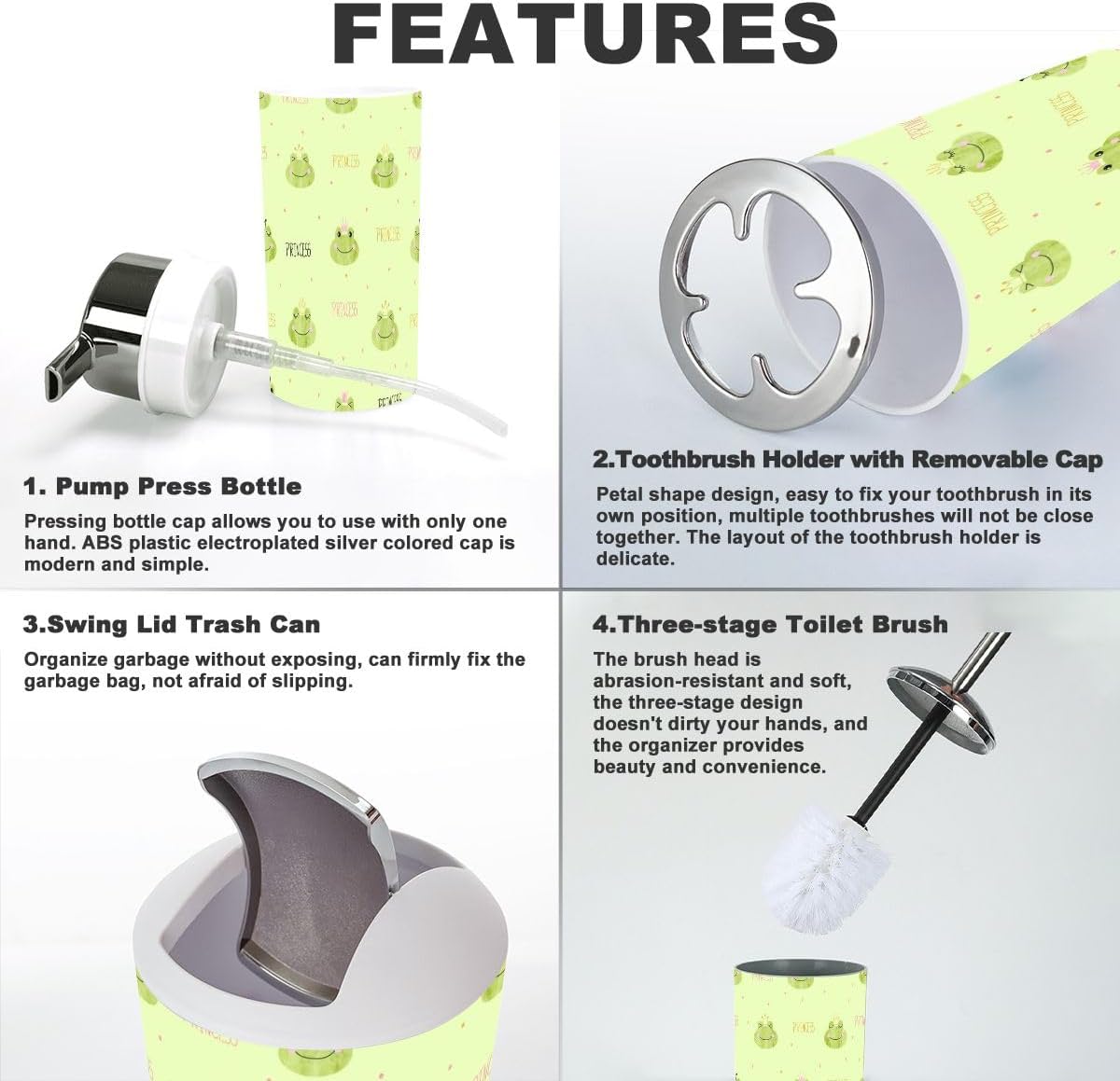 Bathroom Accessories Set 6 Pcs Princess Frogs Toothbrush Holder Soap Dispenser Set