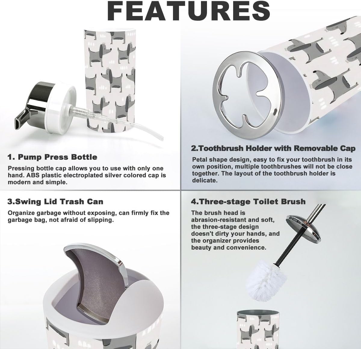 Bathroom Accessories Set 6 Pcs - Modern Dog Design for Kids Adults