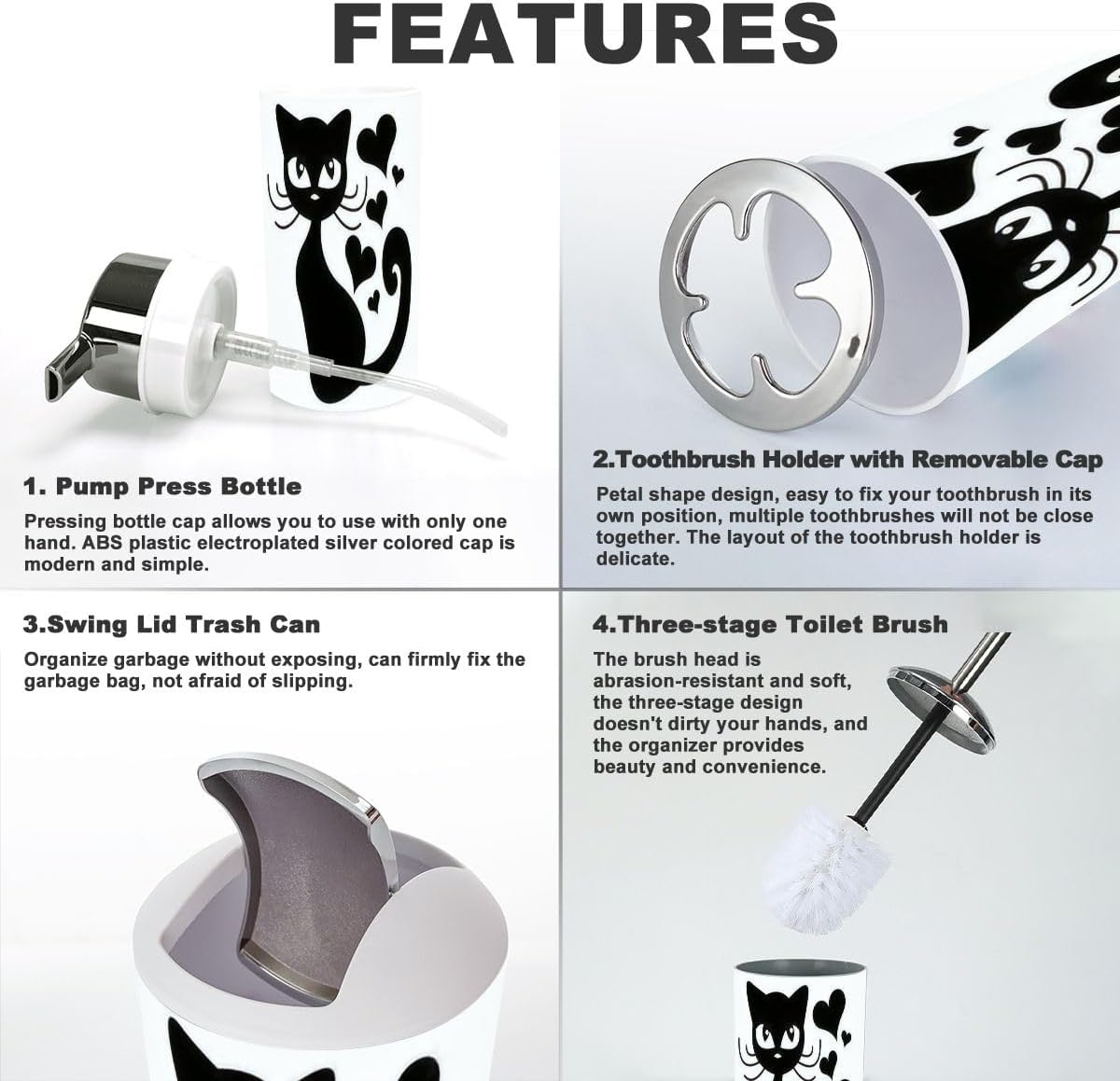 Bathroom Accessories Set 6 Pcs with Cat Graphics