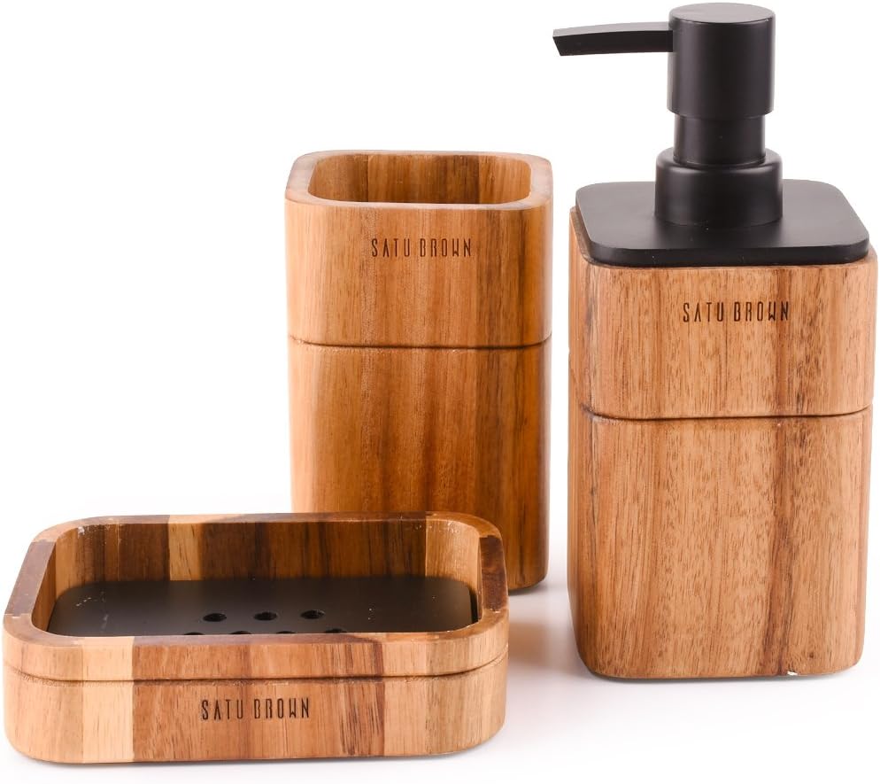 Bathroom Accessory Set 3-Piece Acacia Wood Rlegant Reusable and Eco-Friendly