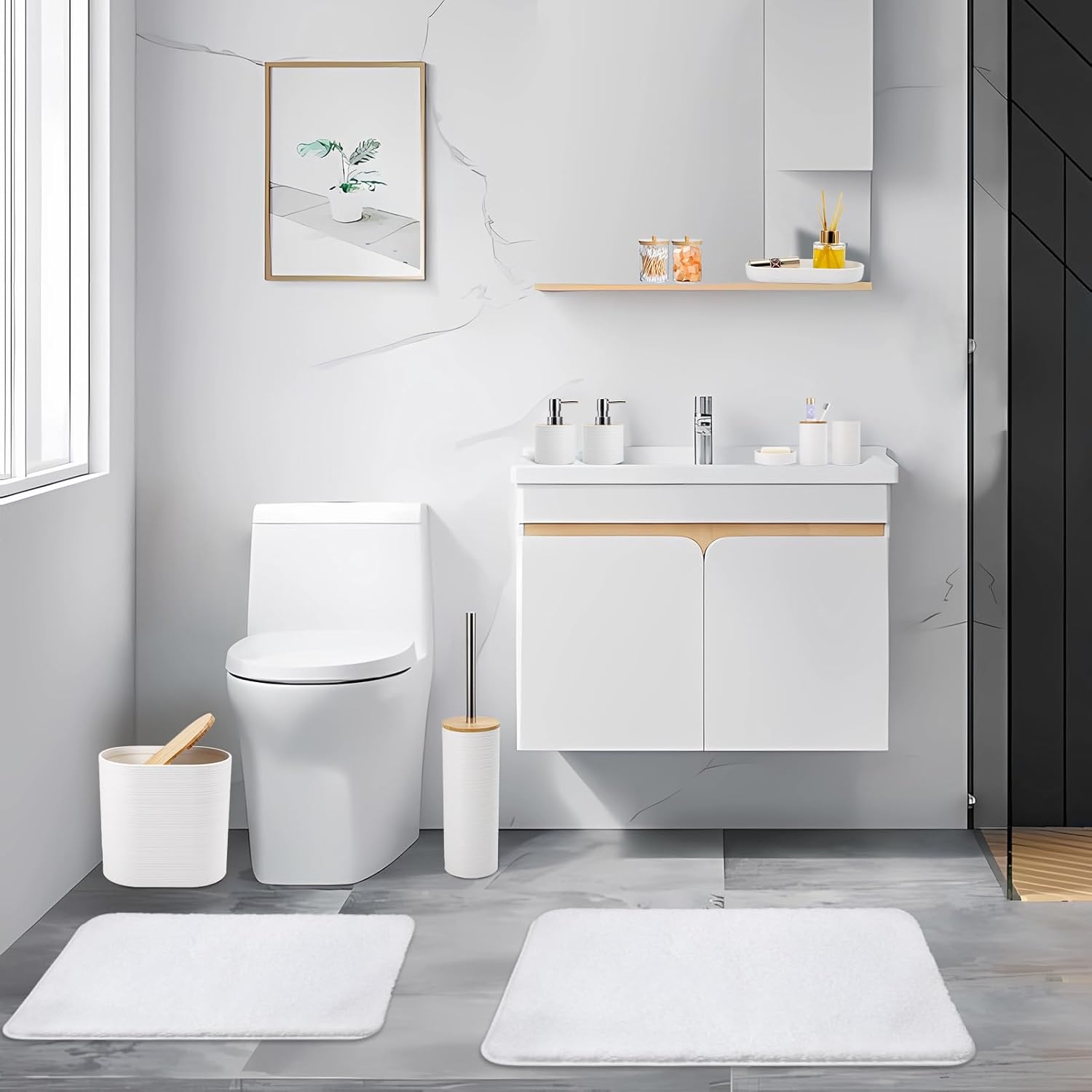 Essential White Bathroom Set with Woven Rugs Shower Curtain for Home Use