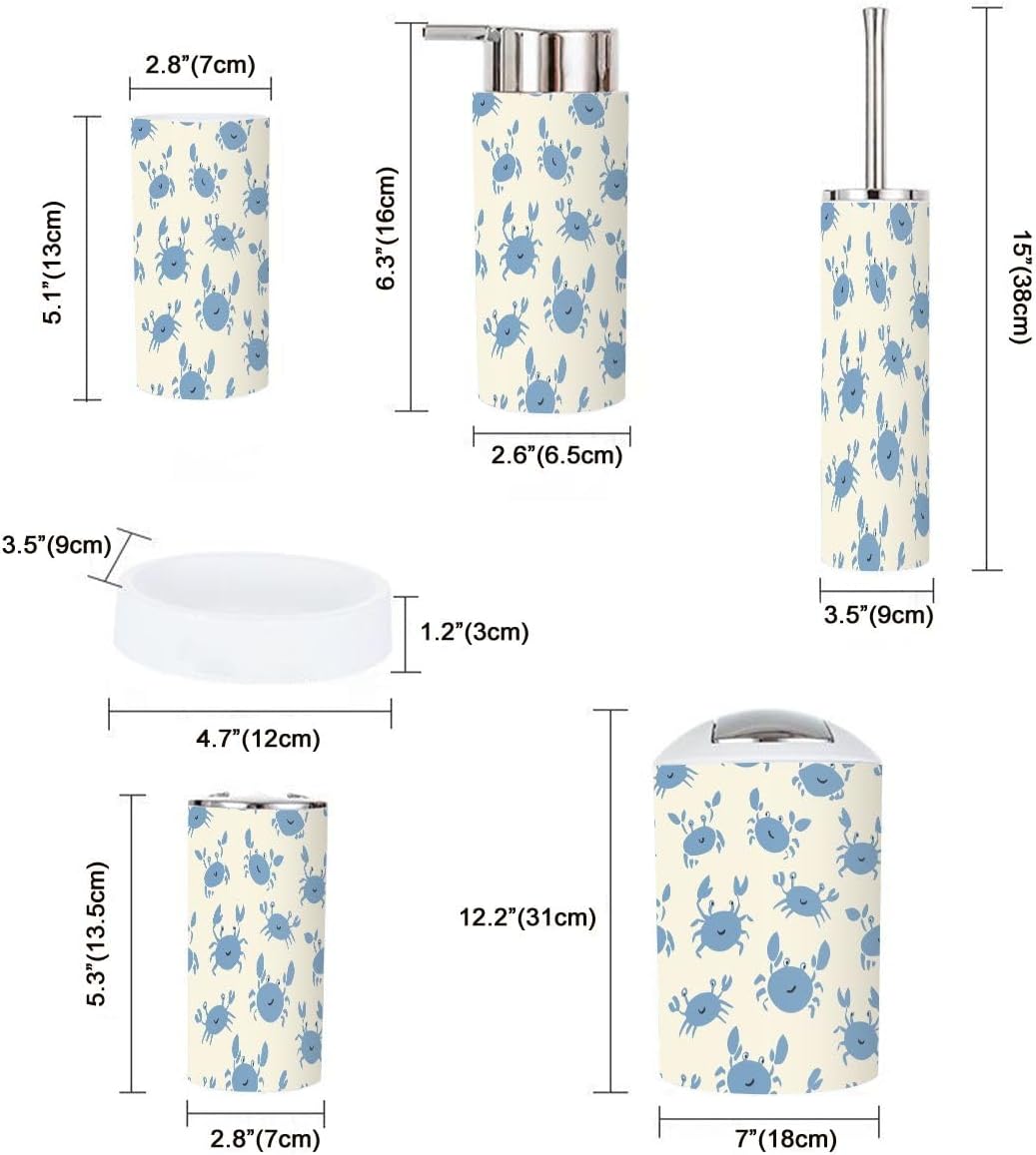 6-Piece Bathroom Set with Repeating Blue Crabs Durable Stylish