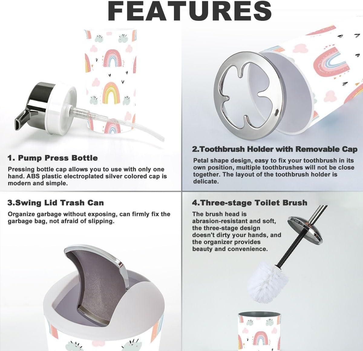 Jbnjankdav 6 Piece Bathroom Accessories Set with Rainbows Design