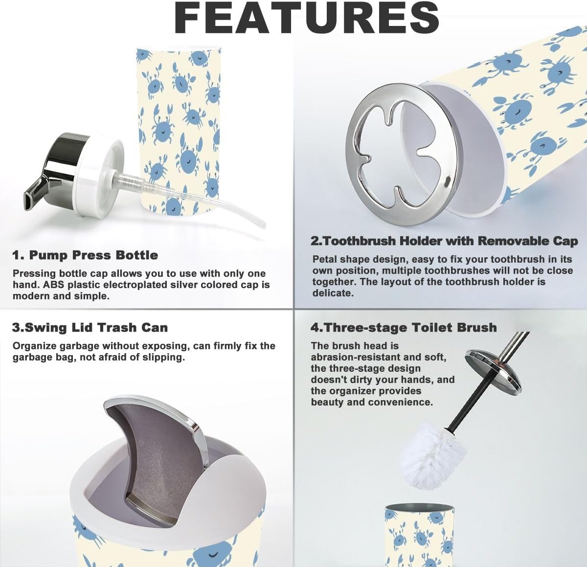 6-Piece Bathroom Set with Repeating Blue Crabs Durable Stylish