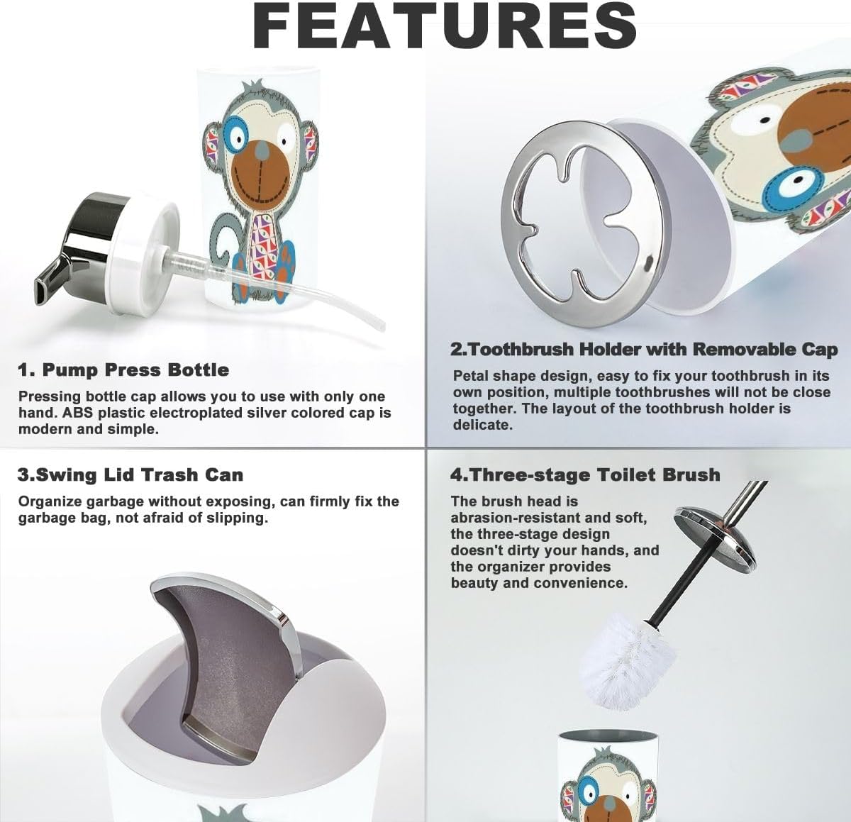 JBNJANKDAVCute Monkey Bathroom Accessories Set of 6 for Kids and Adults