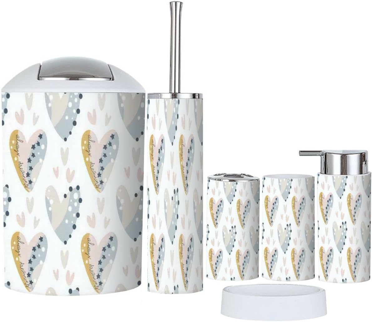 Bathroom Accessory Set 6 Piece Pastel Heart Valentine for Kids