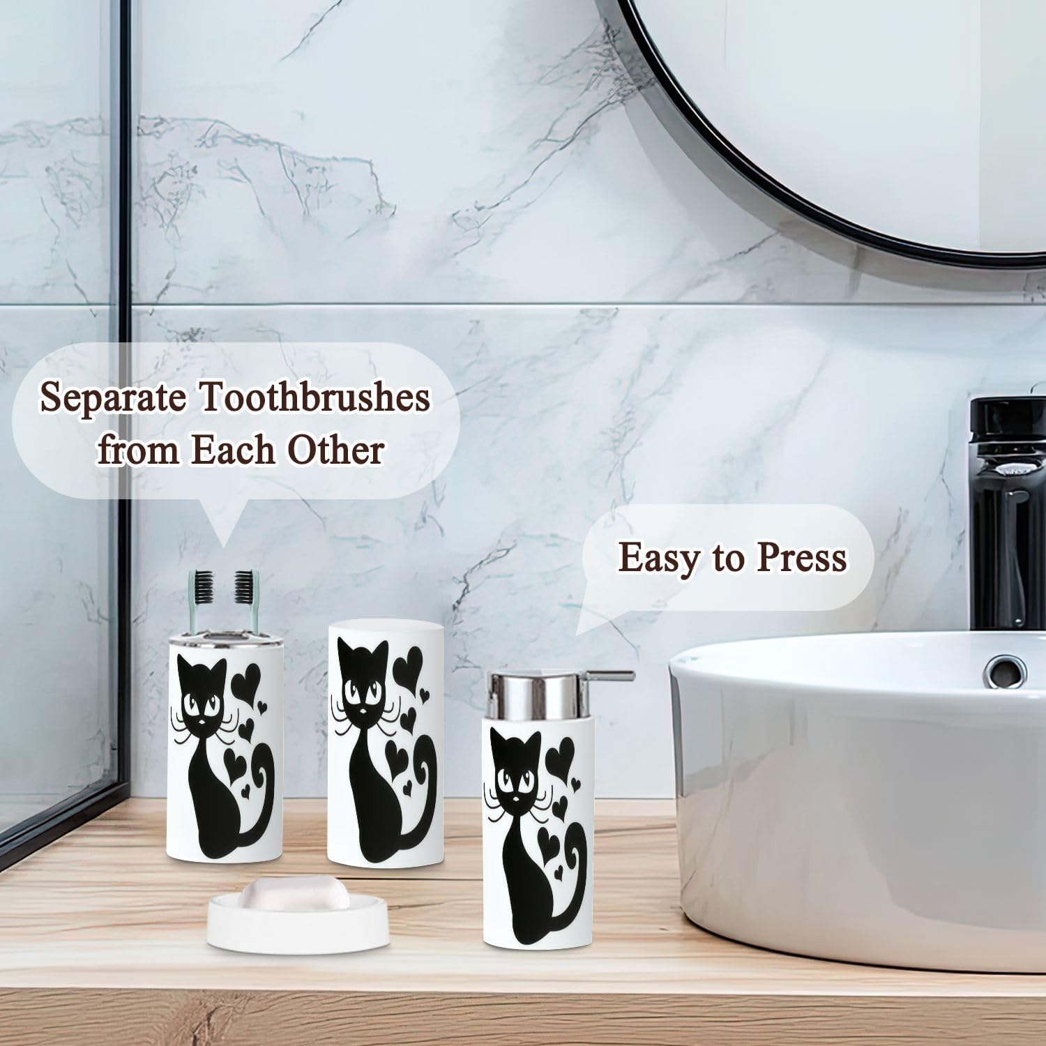 Bathroom Accessories Set 6 Pcs with Cat Graphics