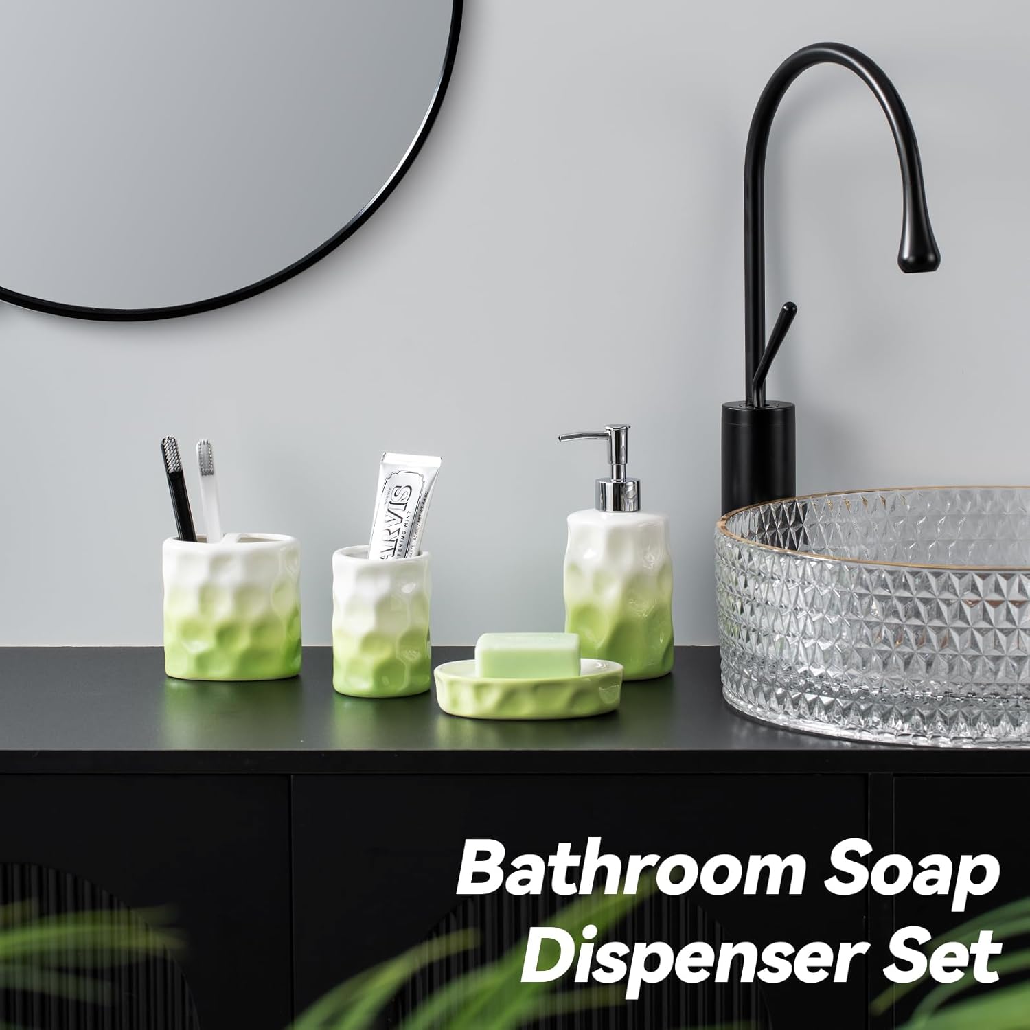 Sage Green Bathroom Accessory Set - 4 Piece Hand Pinch Design