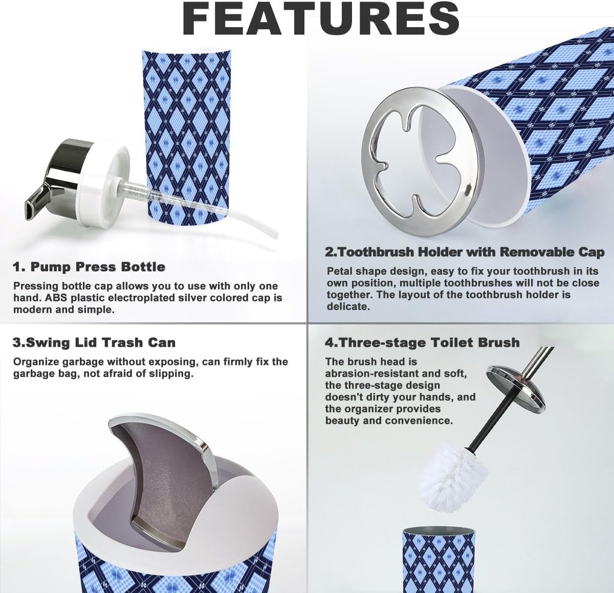 Stylish Blue Gingham Bathroom Set 6 Pcs