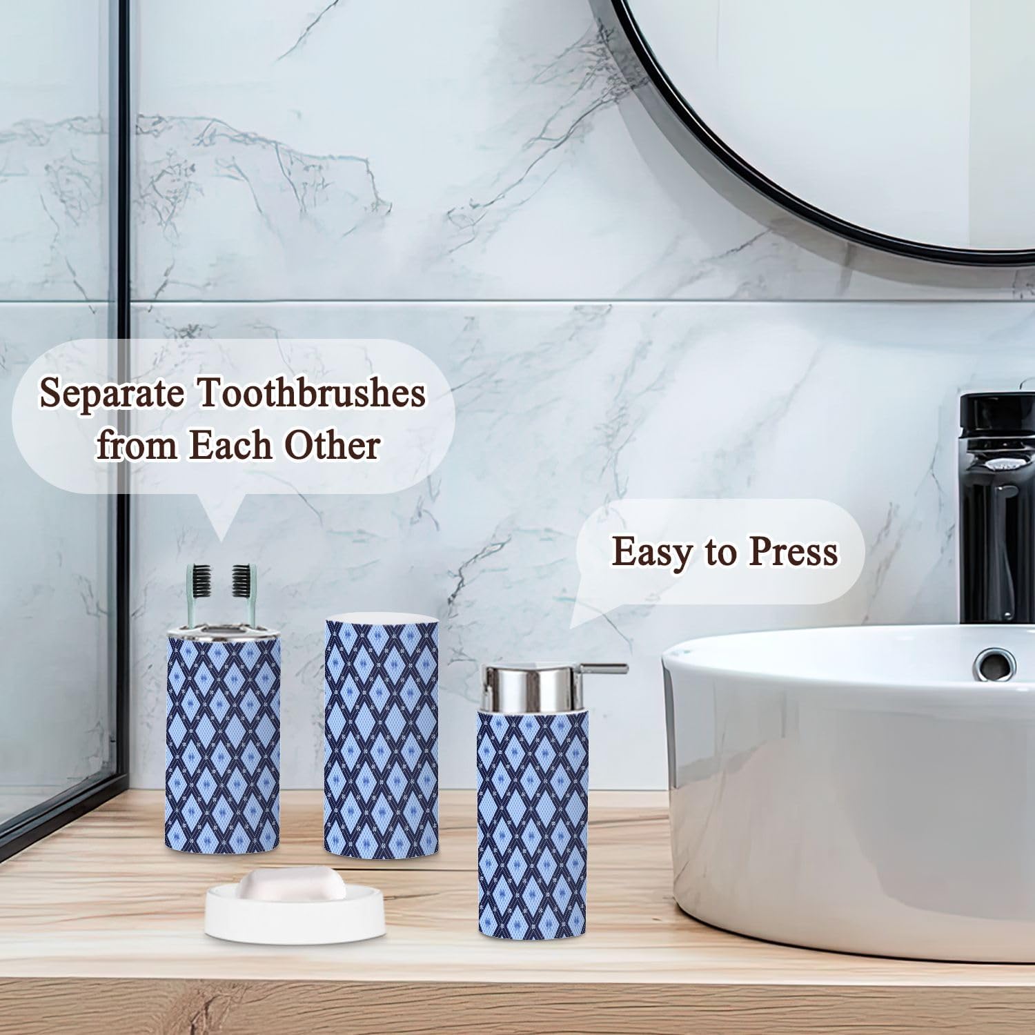 Stylish Blue Gingham Bathroom Set 6 Pcs