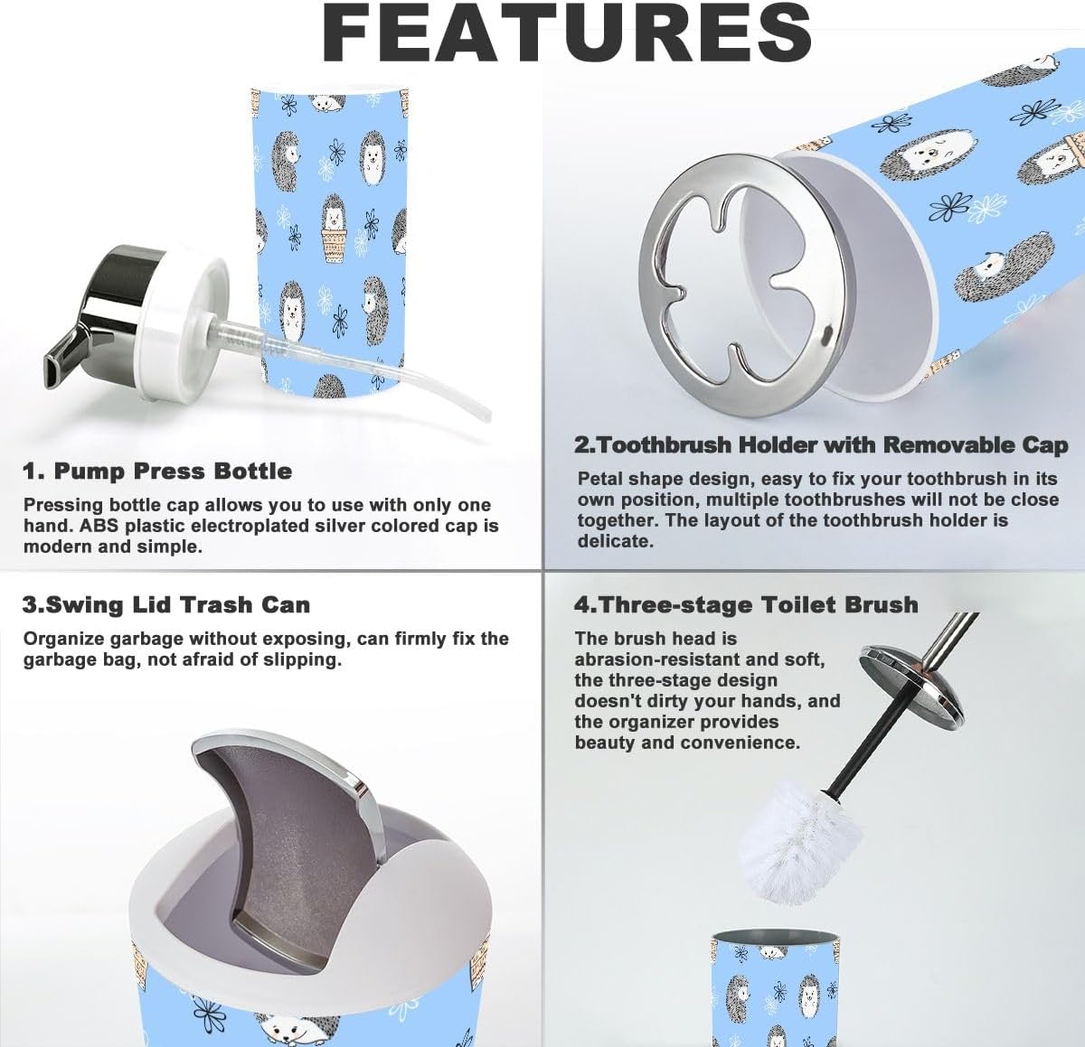 6-Piece Modern Bathroom Set with Cute Hedgehogs Design