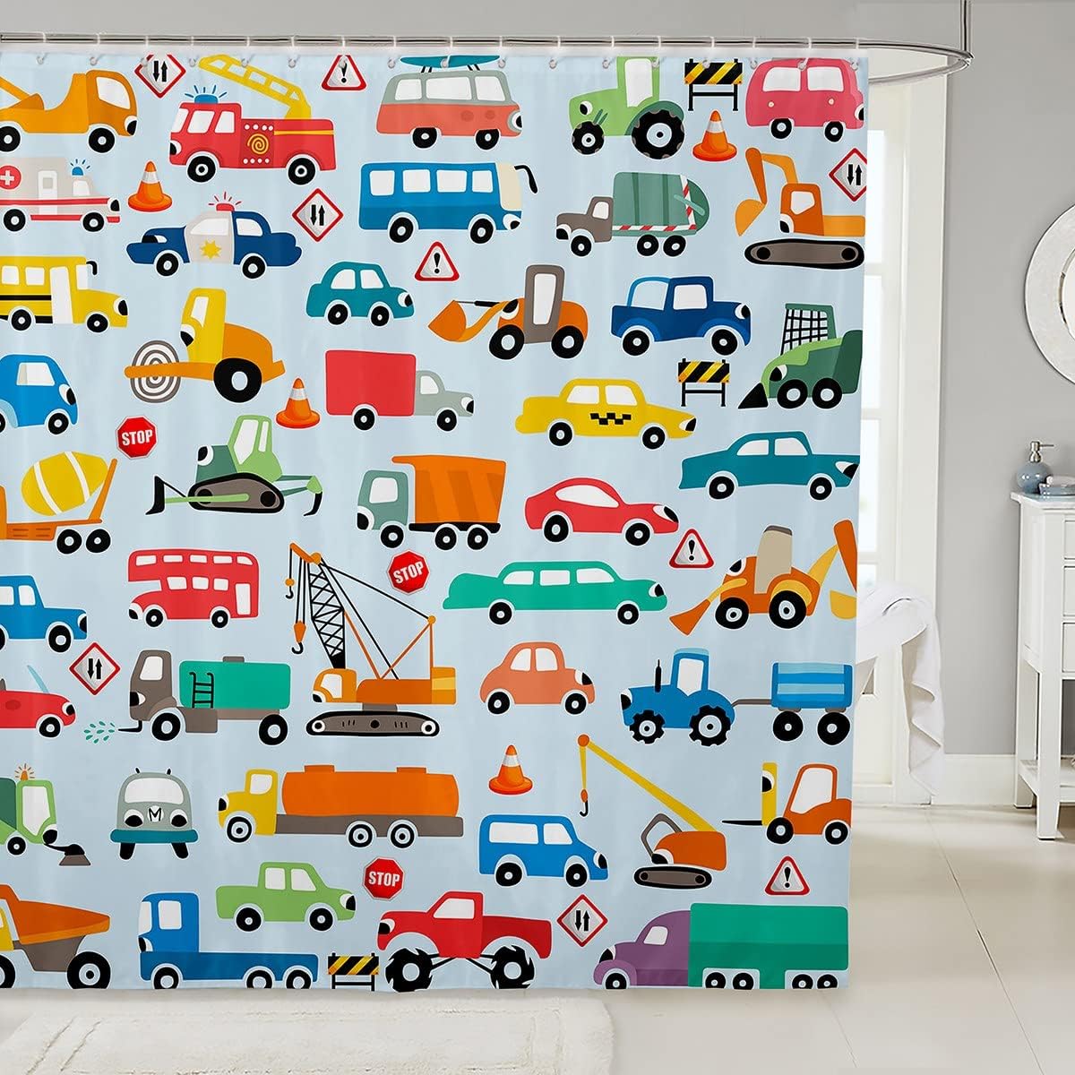 Cartoon Car Bathroom Waterproof Accessories with 12 Hooks for Kids