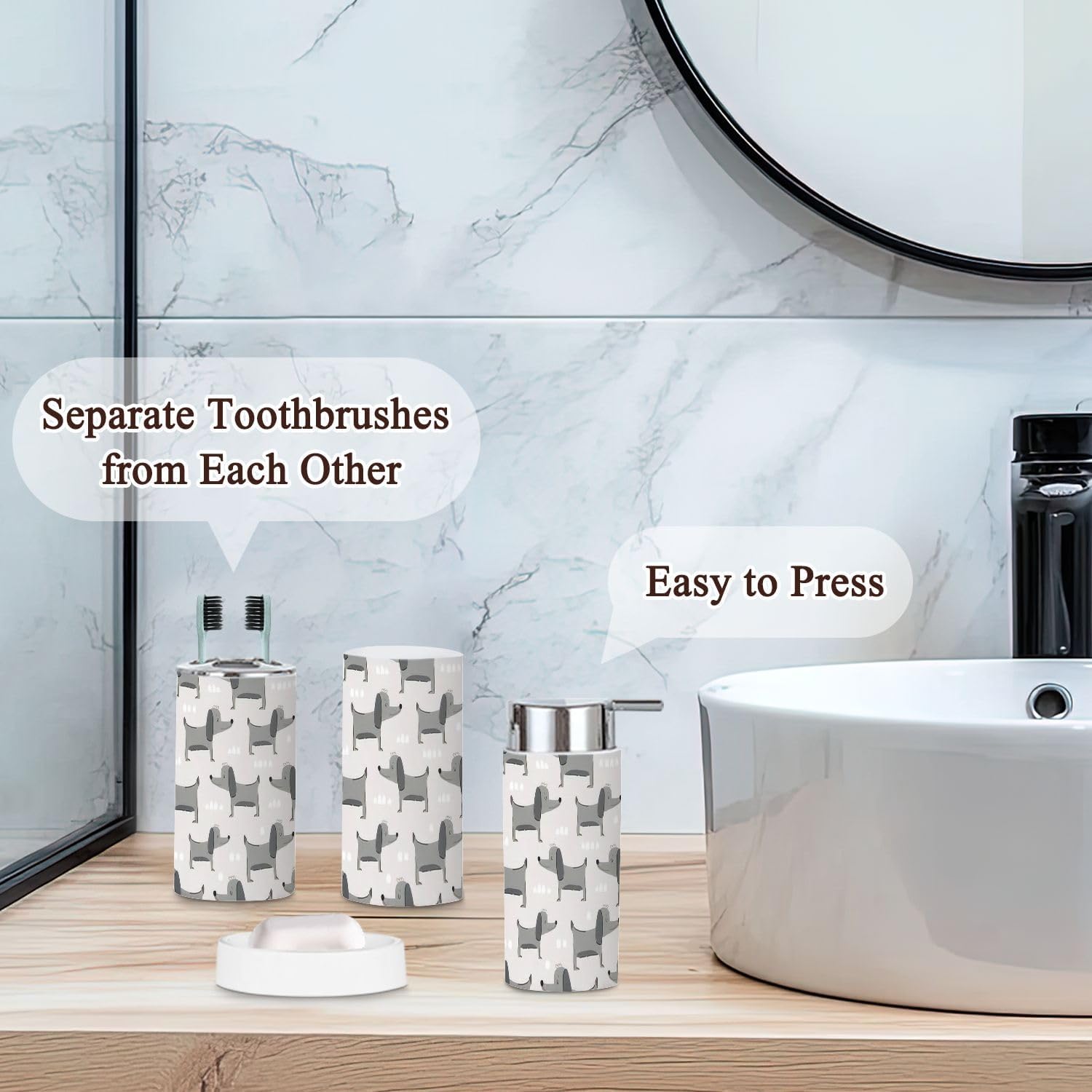 Bathroom Accessories Set 6 Pcs - Modern Dog Design for Kids Adults