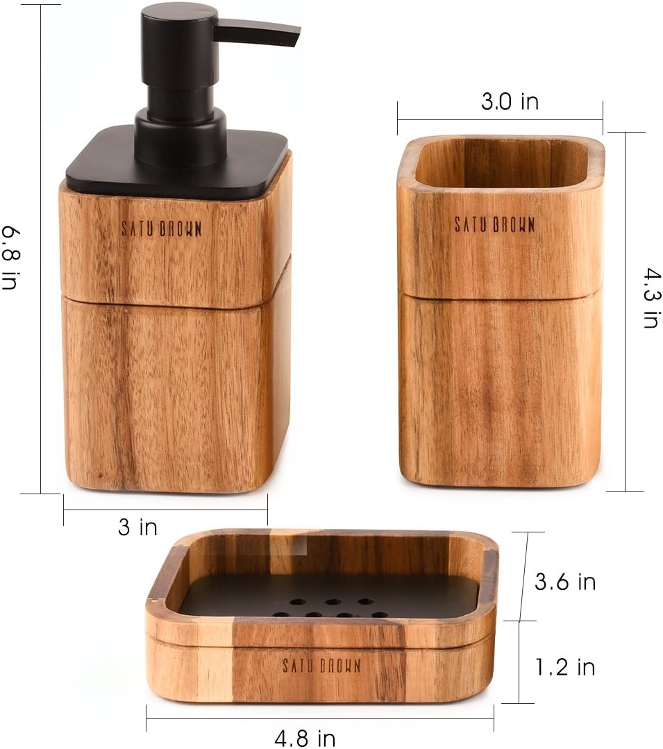 Bathroom Accessory Set 3-Piece Acacia Wood Rlegant Reusable and Eco-Friendly