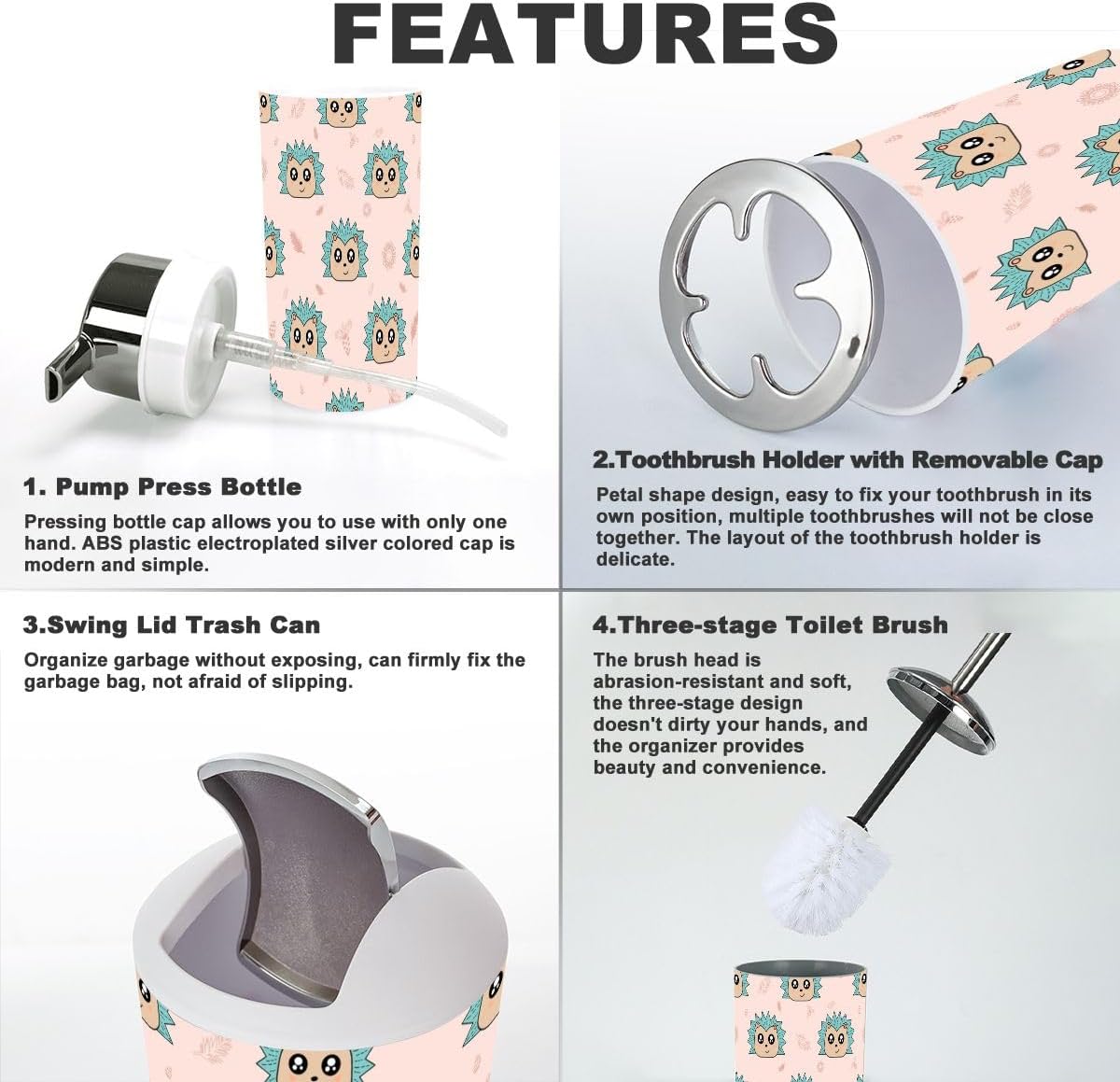 6-Piece Hedgehog Bathroom Accessories Set for Kids Adults Durable Stylish