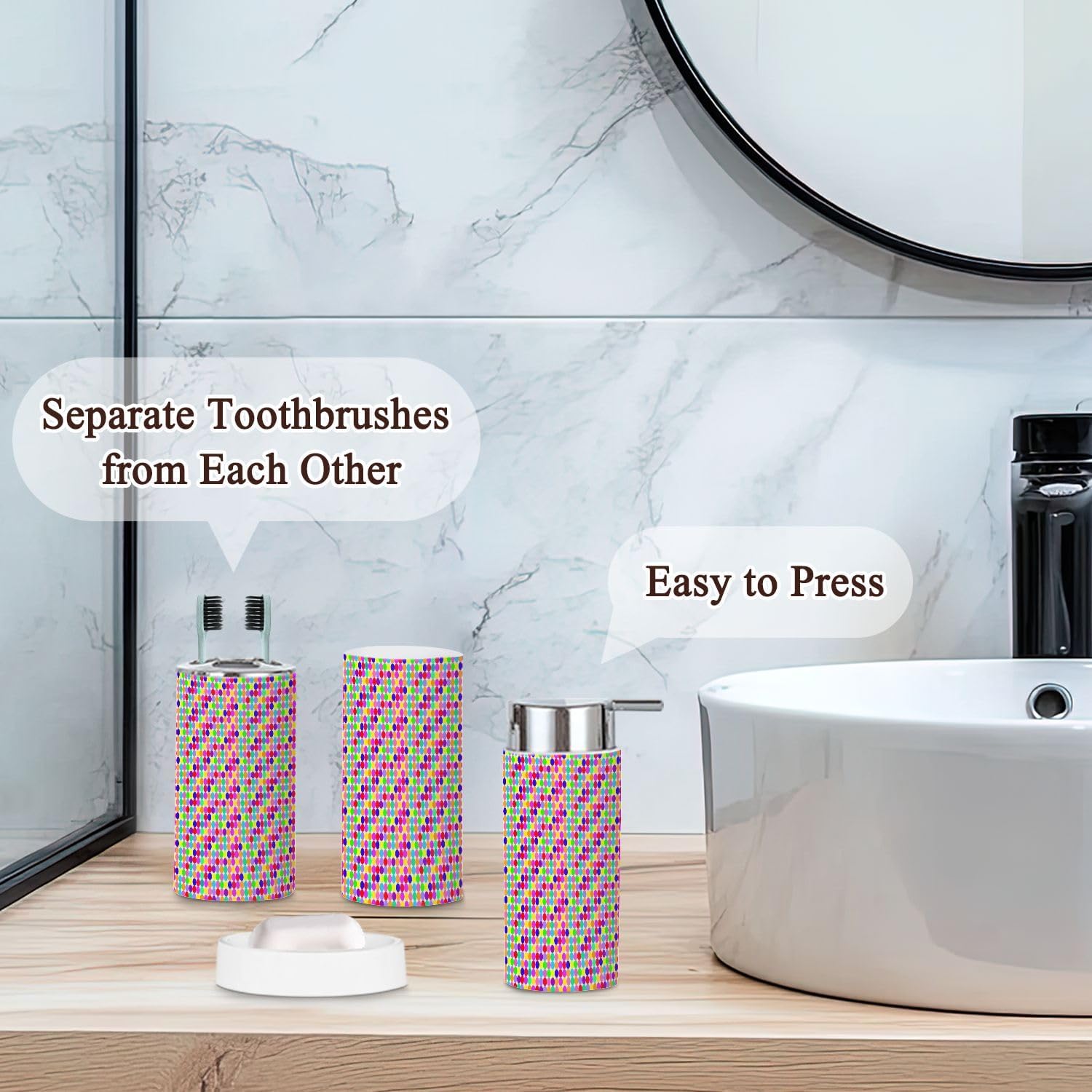 6-Piece Bathroom Accessories Set with Rainbow Pattern