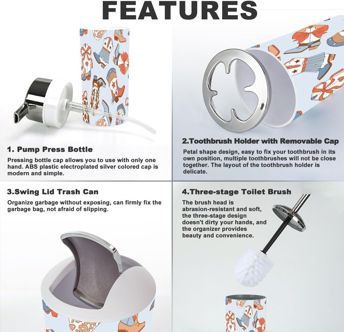 6-Piece Bathroom Set with Cowboy Boots Design
