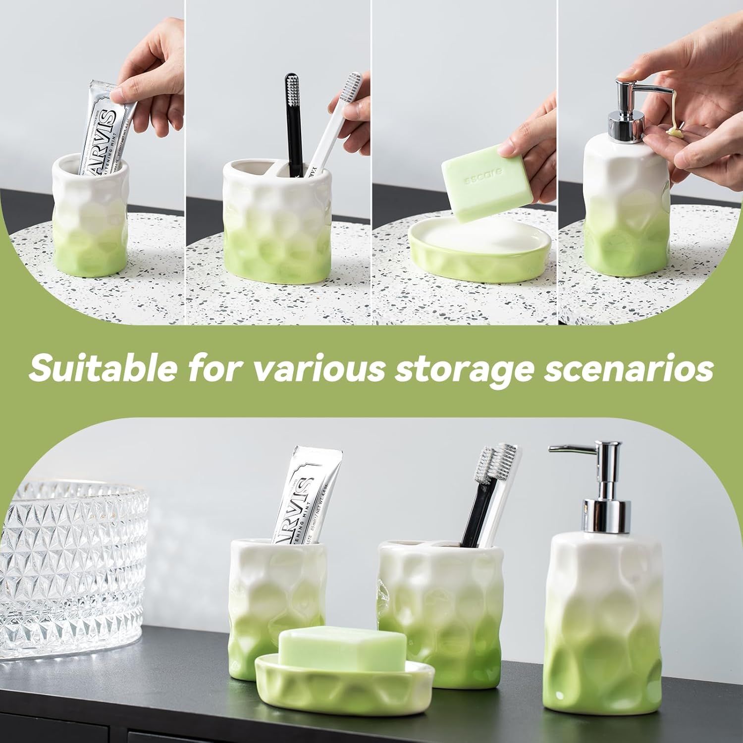 Sage Green Bathroom Accessory Set - 4 Piece Hand Pinch Design