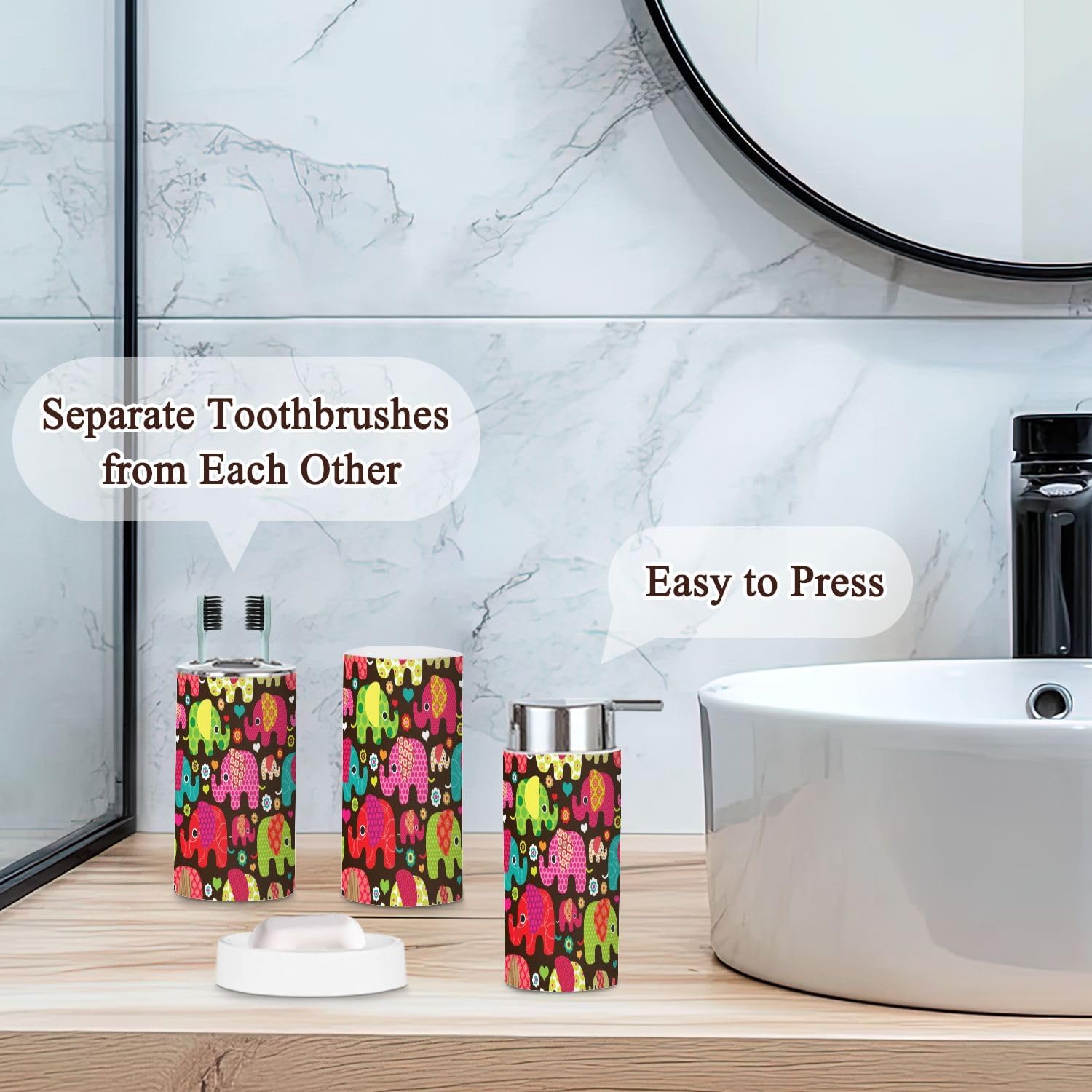 Bathroom Accessories Set 6 Pcs Retro Elephant Kids Pattern