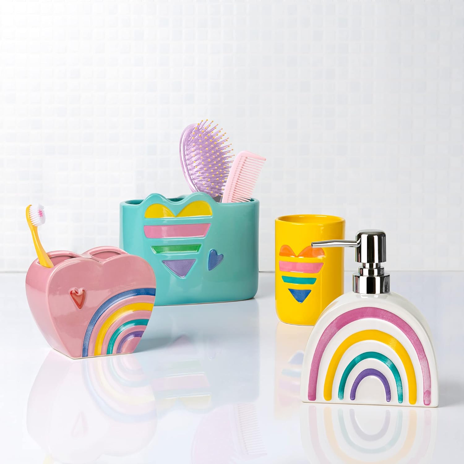 Allure Home Creation Rainbow Heart Ceramic Bath Accessory Set