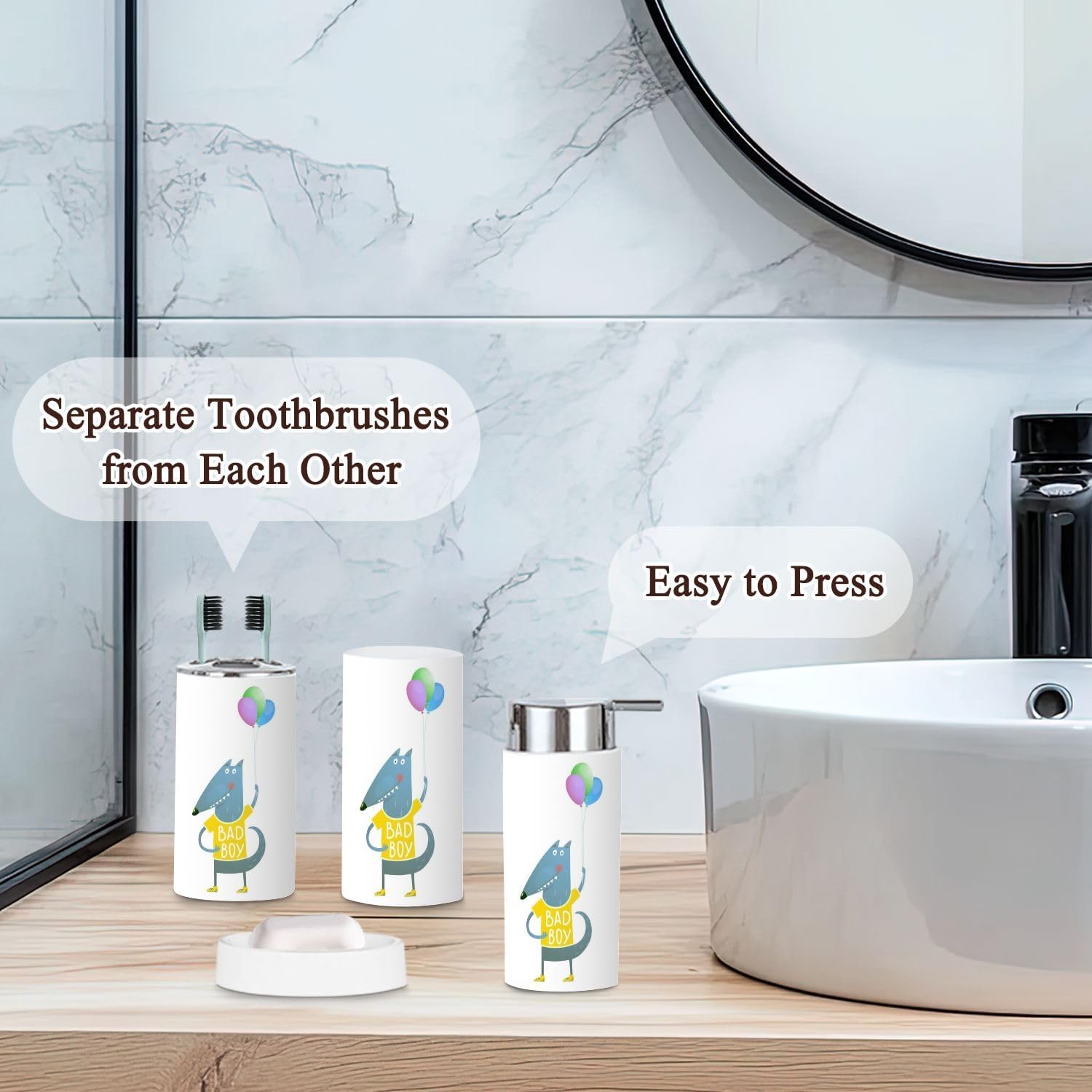 6-Piece Kids Bathroom Set Wolf Dog Balloons Pvc Dispenser