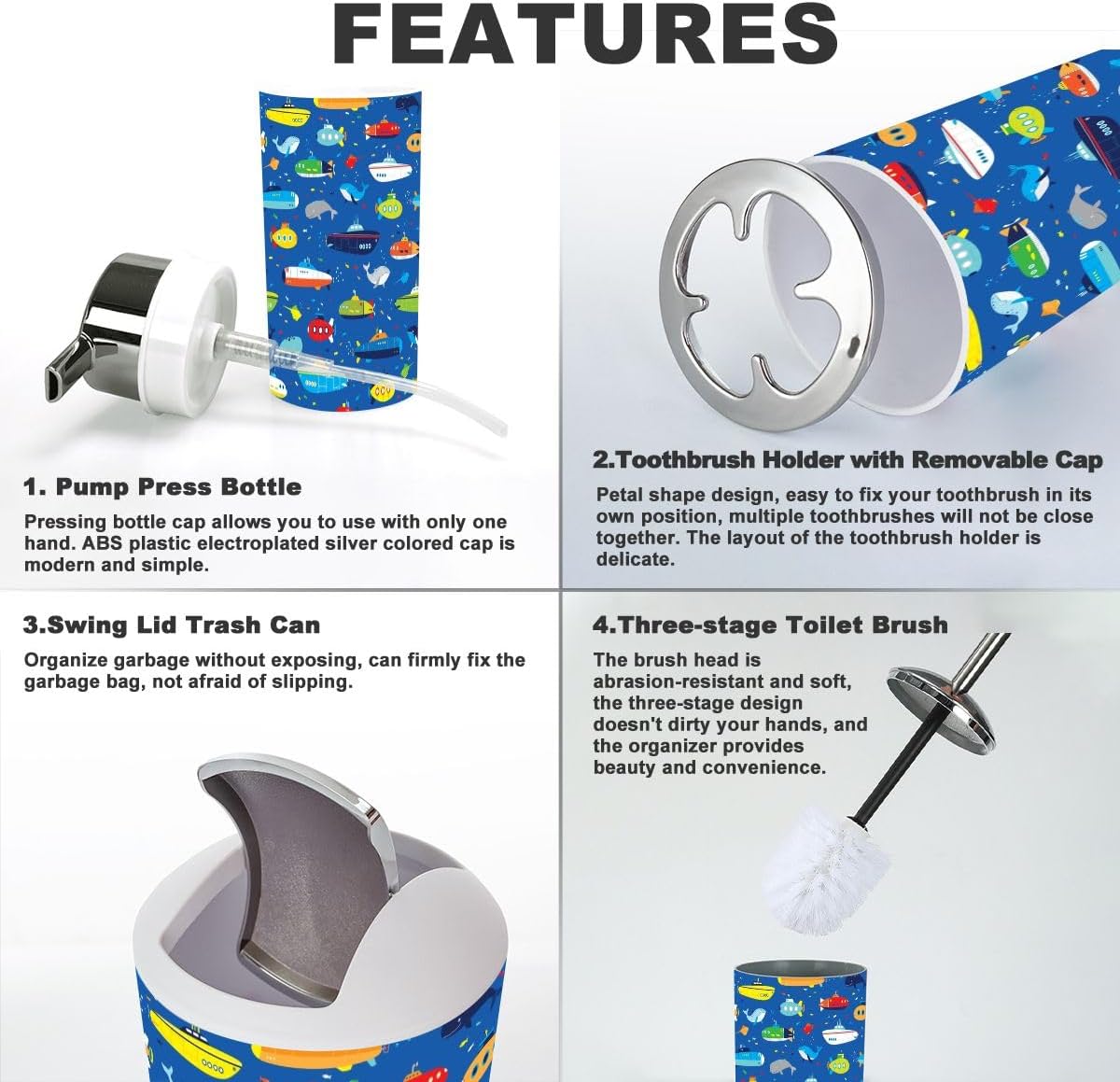 Bath Time Boys Waterproof submarine toys - boys bathroom accessories set of 6