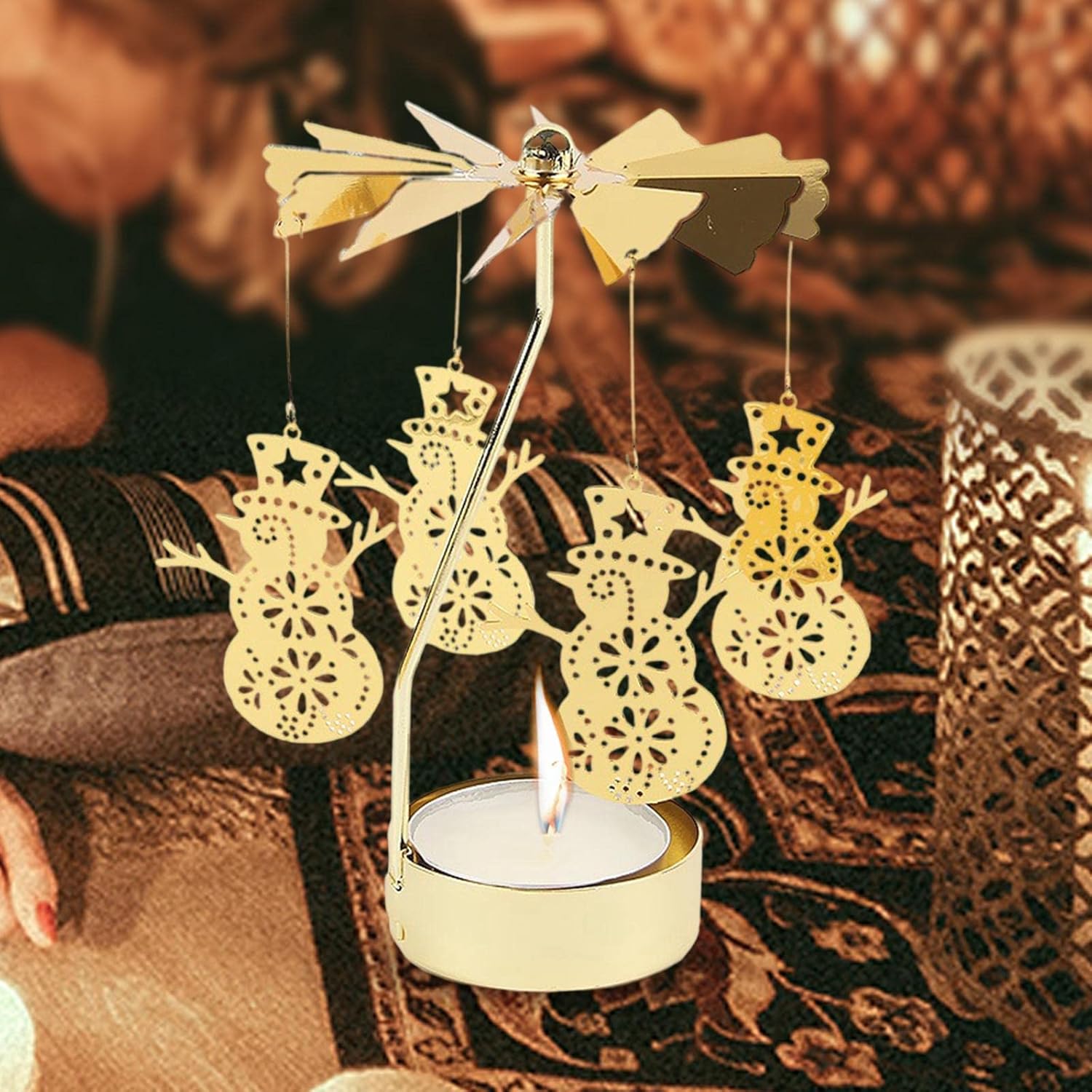 2x Spinning Snowman Candle Holder Tea Lights Party Decor