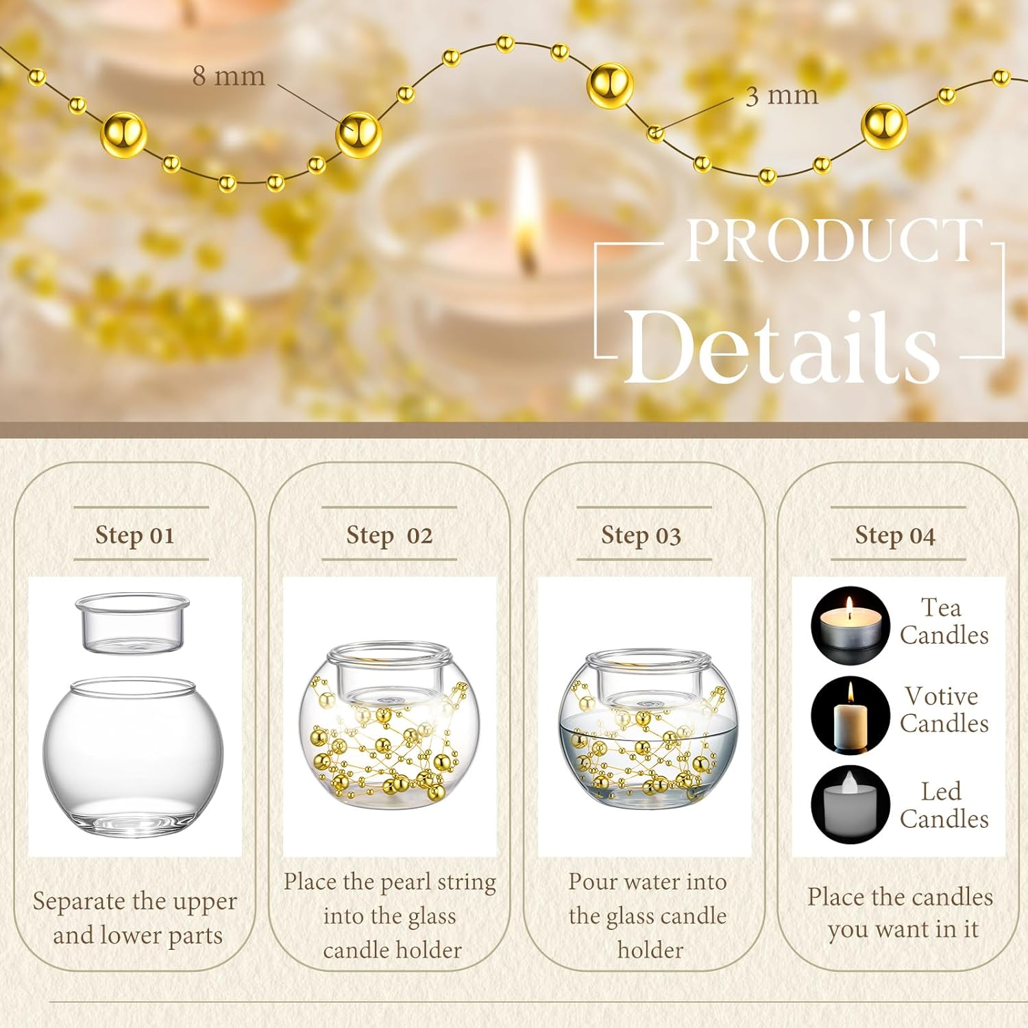 8-Piece Gold Pearl Votive Candle Holders