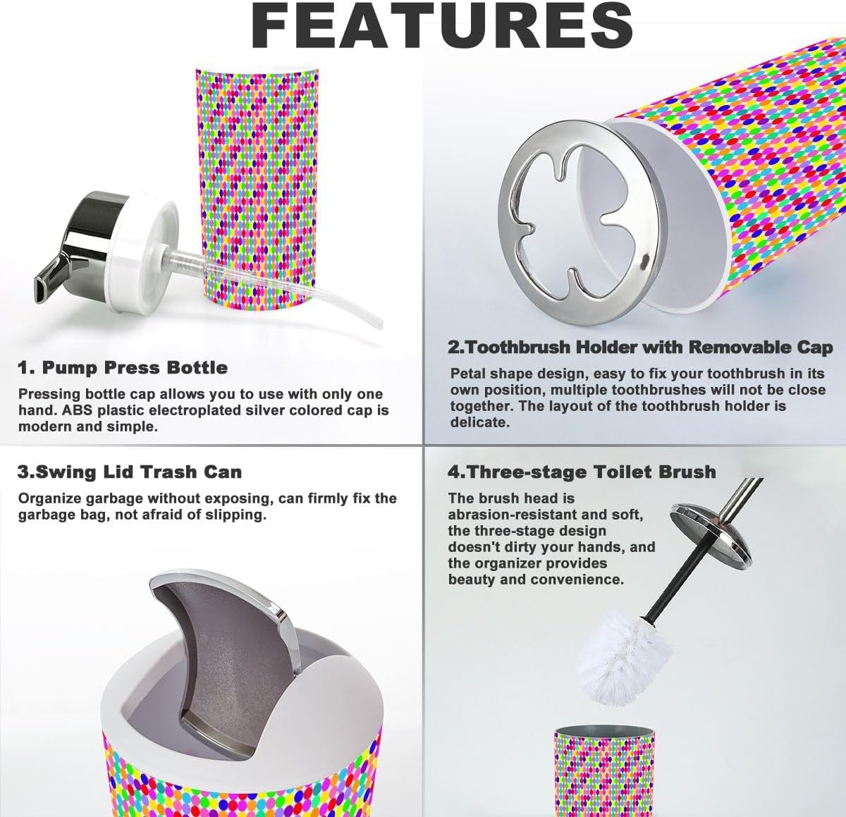 6-Piece Bathroom Accessories Set with Rainbow Pattern