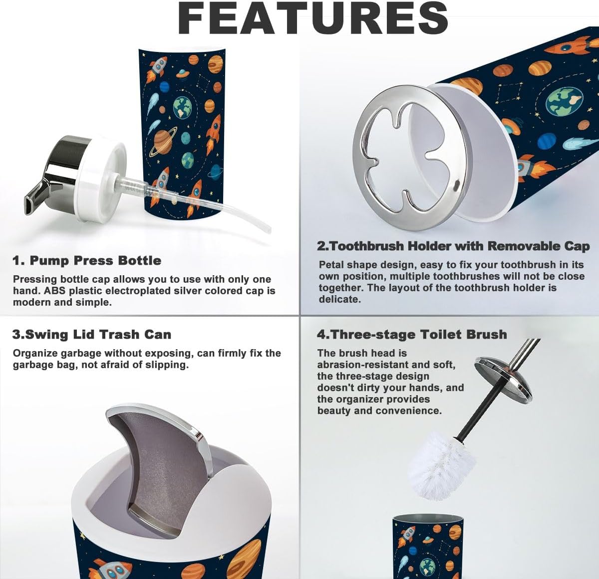 Bathroom Helper Set 6-Piece Space Theme Kids Cartoon Planet Seamless Rocket UFO