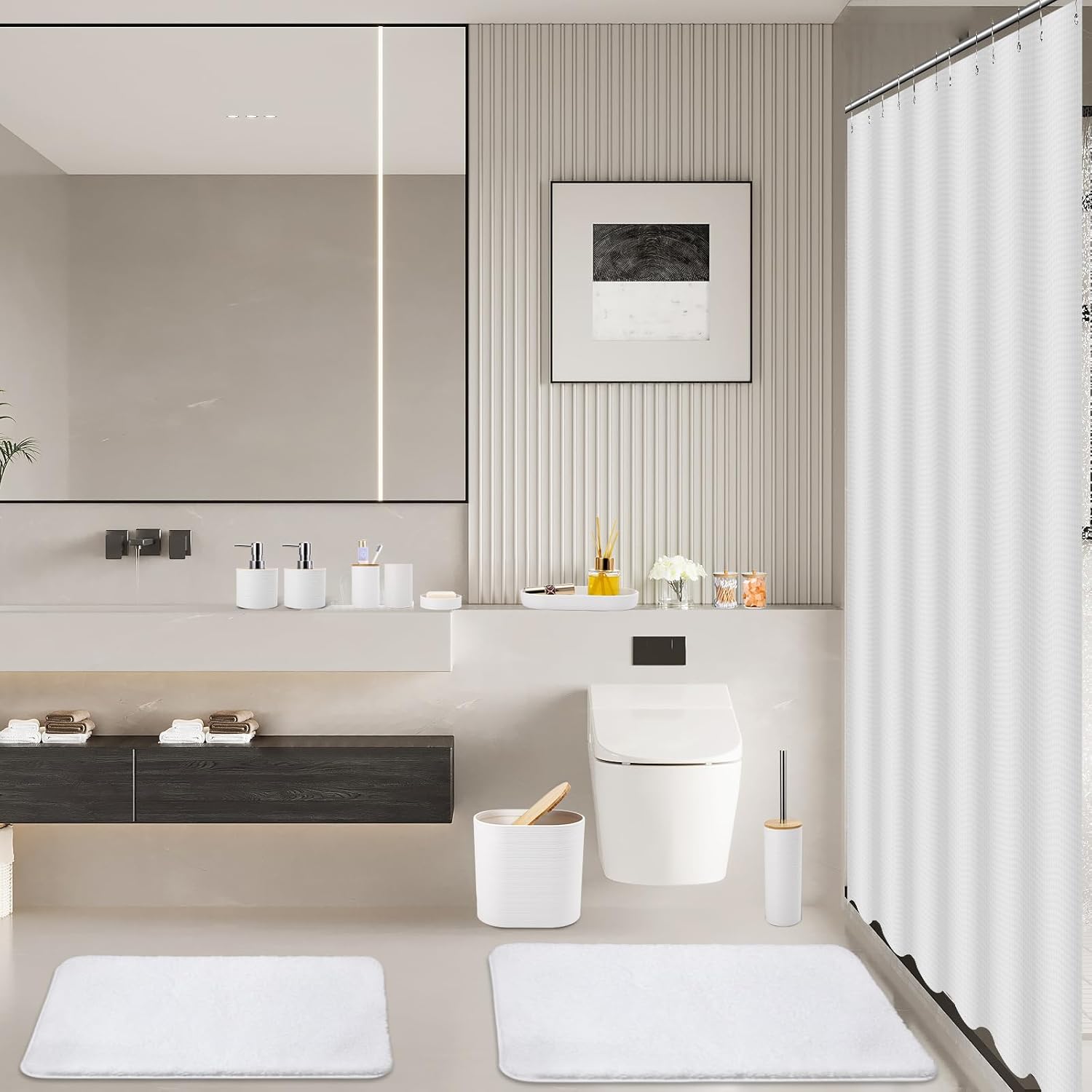 Essential White Bathroom Set with Woven Rugs Shower Curtain for Home Use