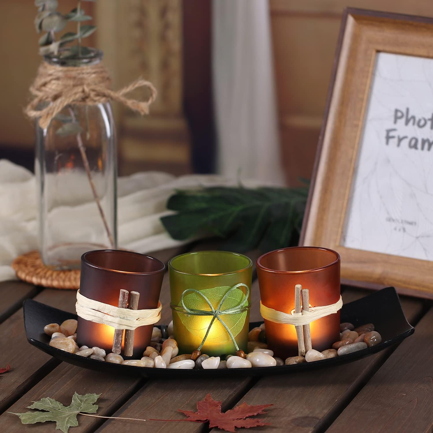 VOTIVE CANDLE HOLDER SET WITH NATURAL TEA LIGHTS AND RICKshaw rocks