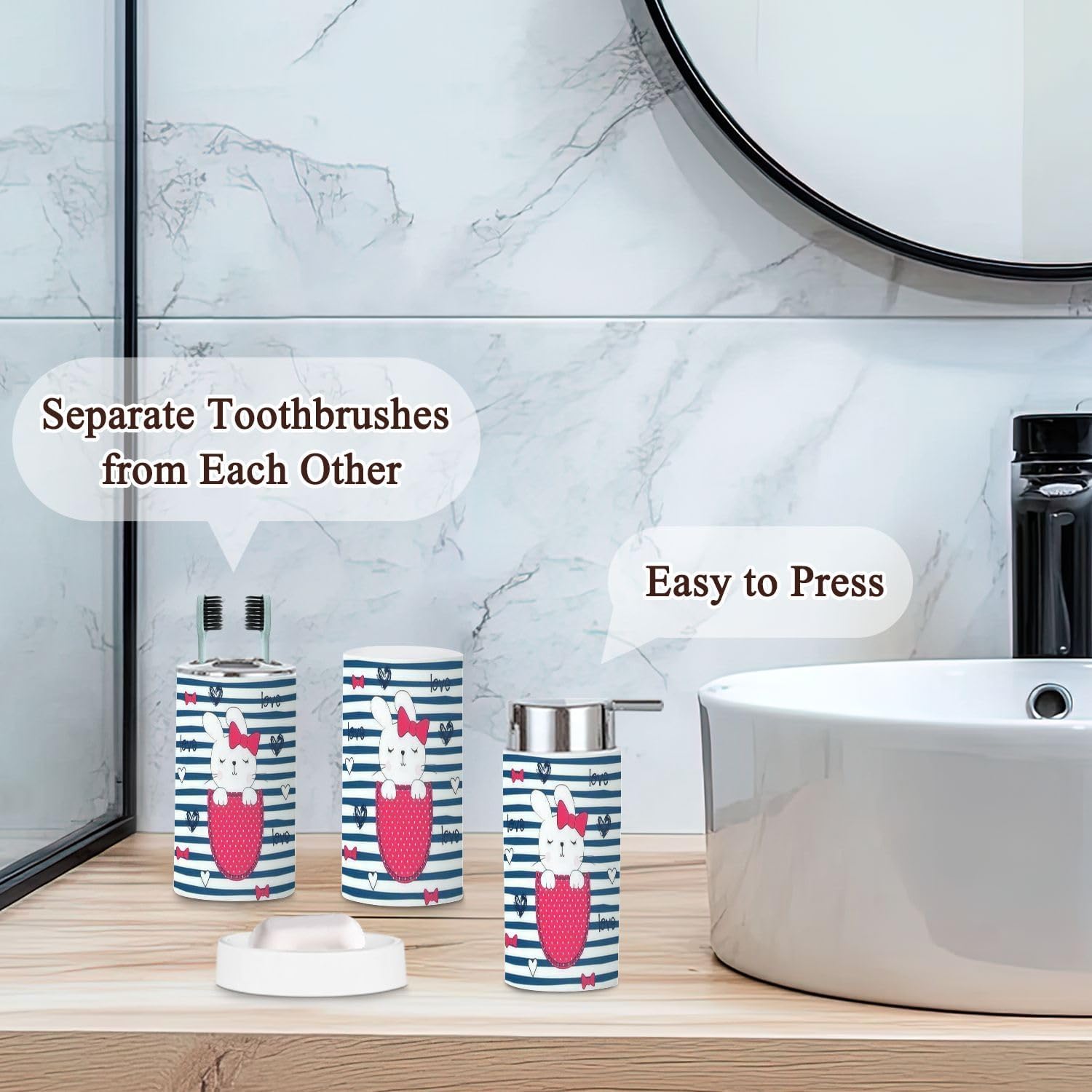 Bathroom Accessories Set 6 Pcs Cute Bunny Girl Design for Kids