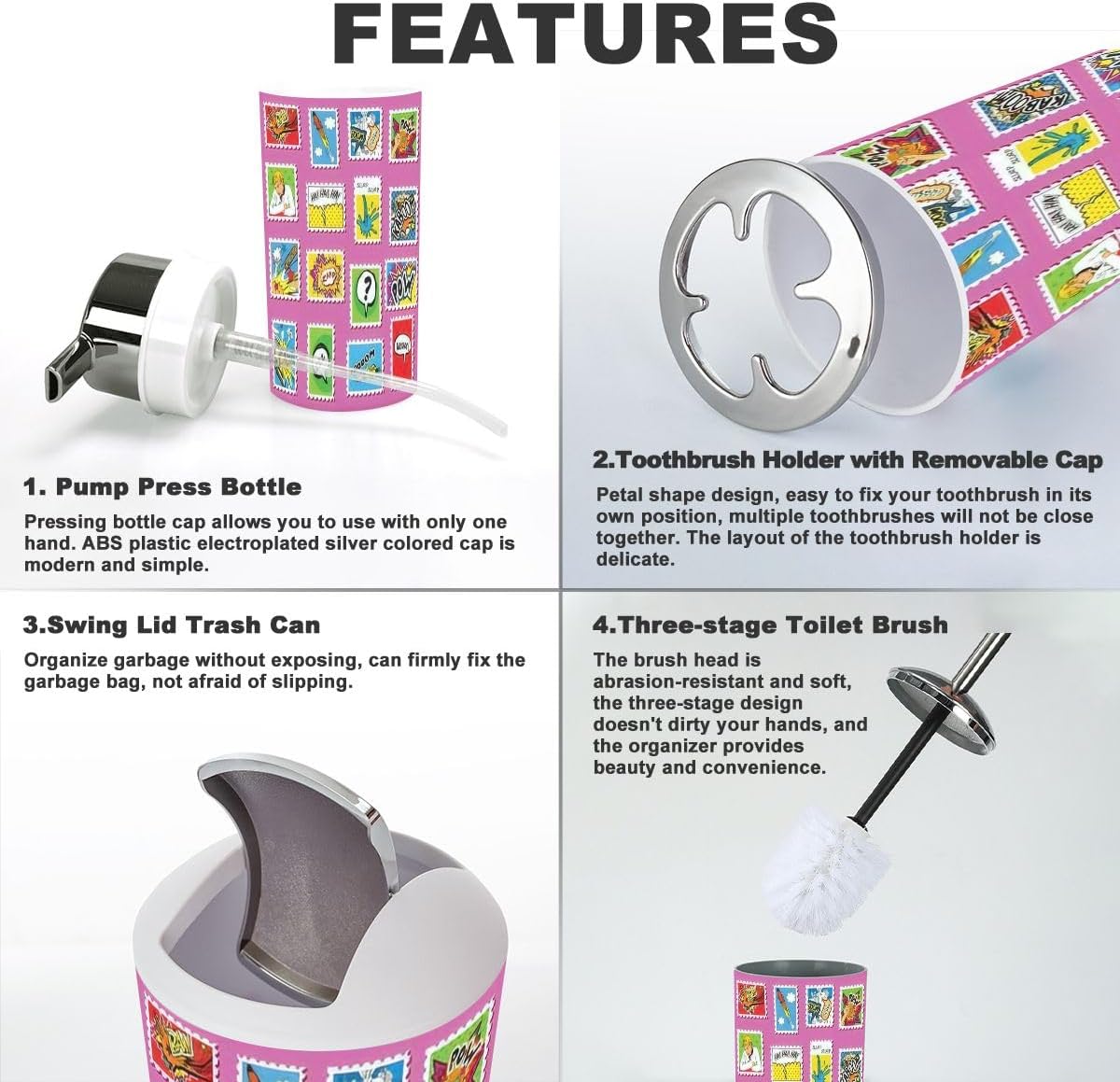 Bathroom Accessories Set 6 Pcs Comic Book Style Decor