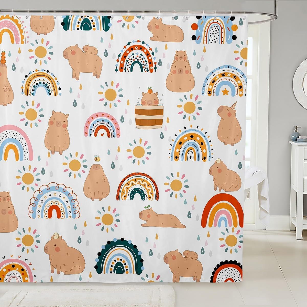 Capybara Shower Curtain 72x72 Kids Rainbow Cartoon Bath Curtain Set