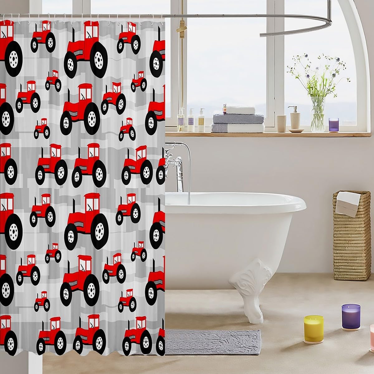 Stylish Red Tractor Bathroom Curtain Set