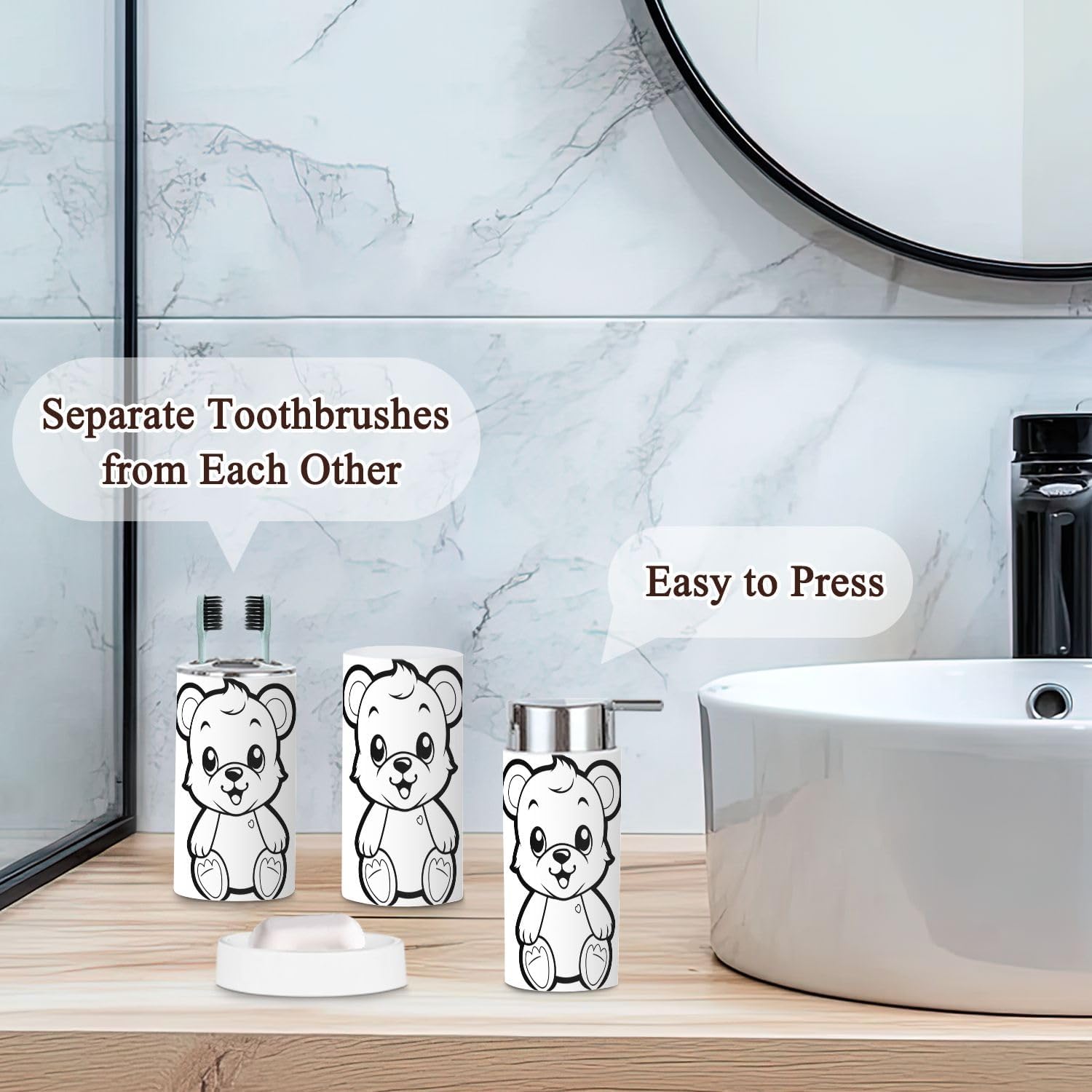 Bathroom Accessories Set 6 Pcs Bear Toothbrush Holder Soap Dispenser Set