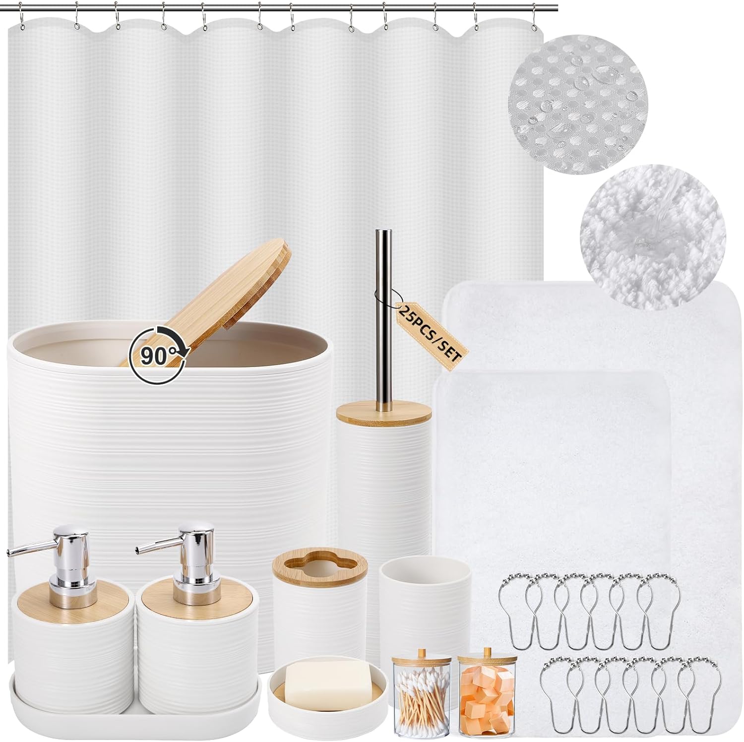 Essential White Bathroom Set with Woven Rugs Shower Curtain for Home Use