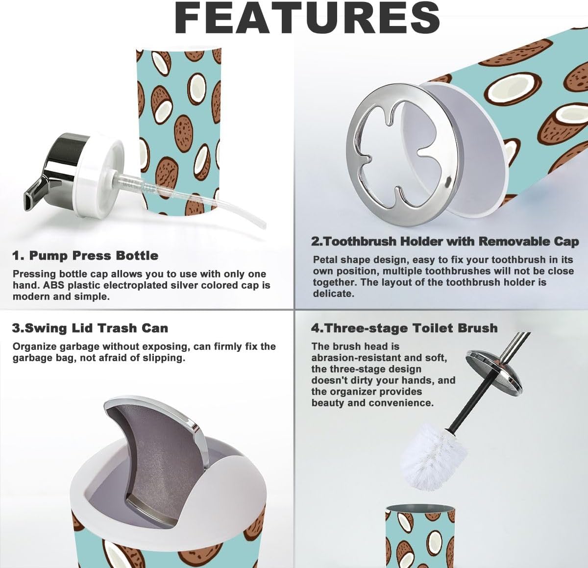 6 Piece Cartoon Tropical Coconut Bathroom Accessories Set