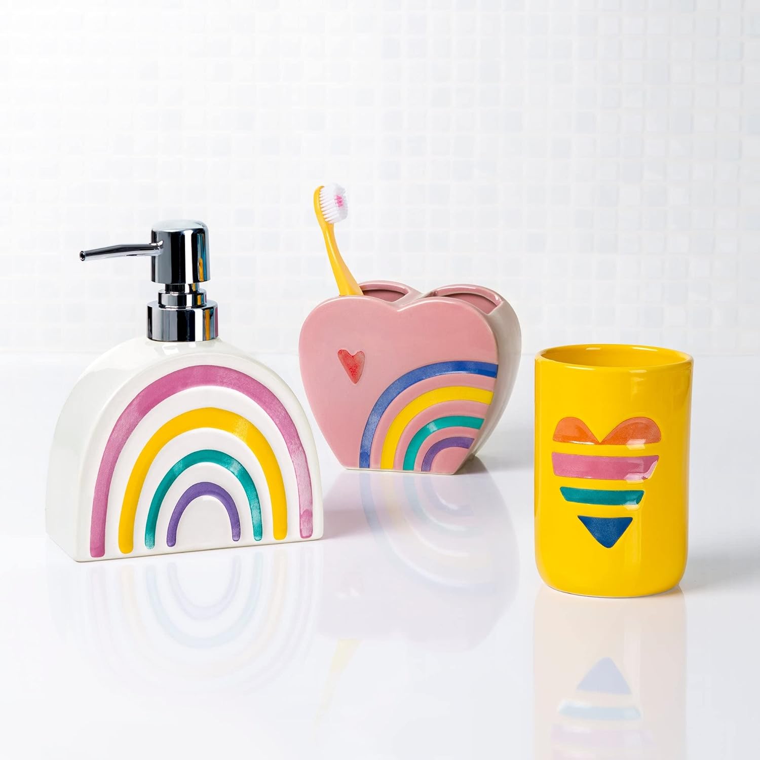 Rainbow Hearts 3pc Bath Set for Kids Pink Novelty
