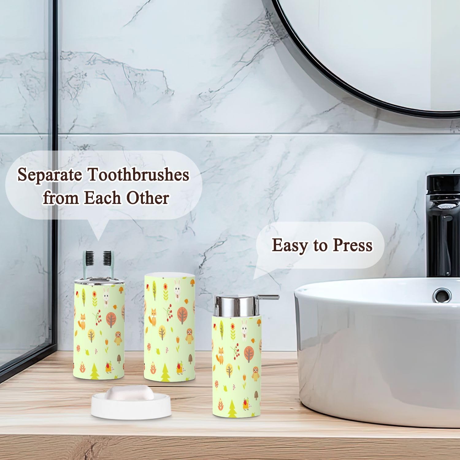 Bathroom Accessories Set 6 Pcs Cute Autumn Animals Decor