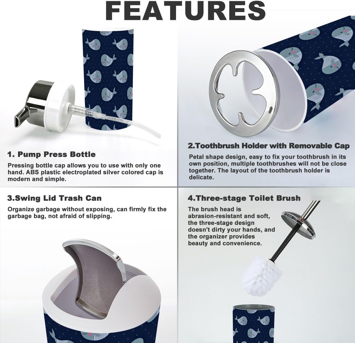 Bathroom Accessories Set 6 Pcs Dark Blue Whale Style 1
