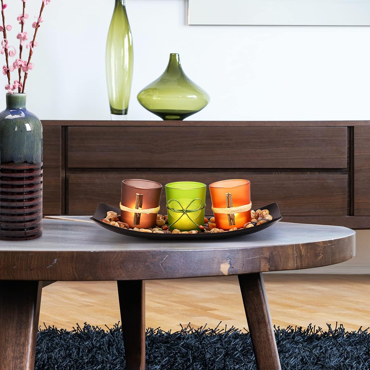 VOTIVE CANDLE HOLDER SET WITH NATURAL TEA LIGHTS AND RICKshaw rocks