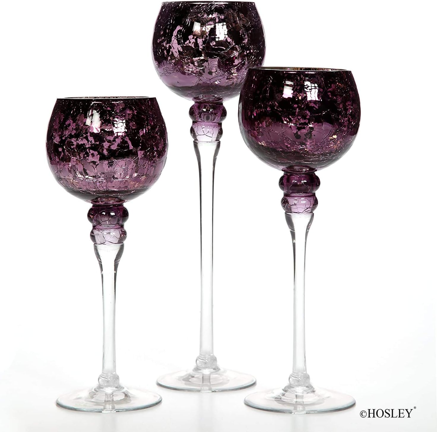 Hosley Set of 3 Crackle Purple Glass Tealight Holders