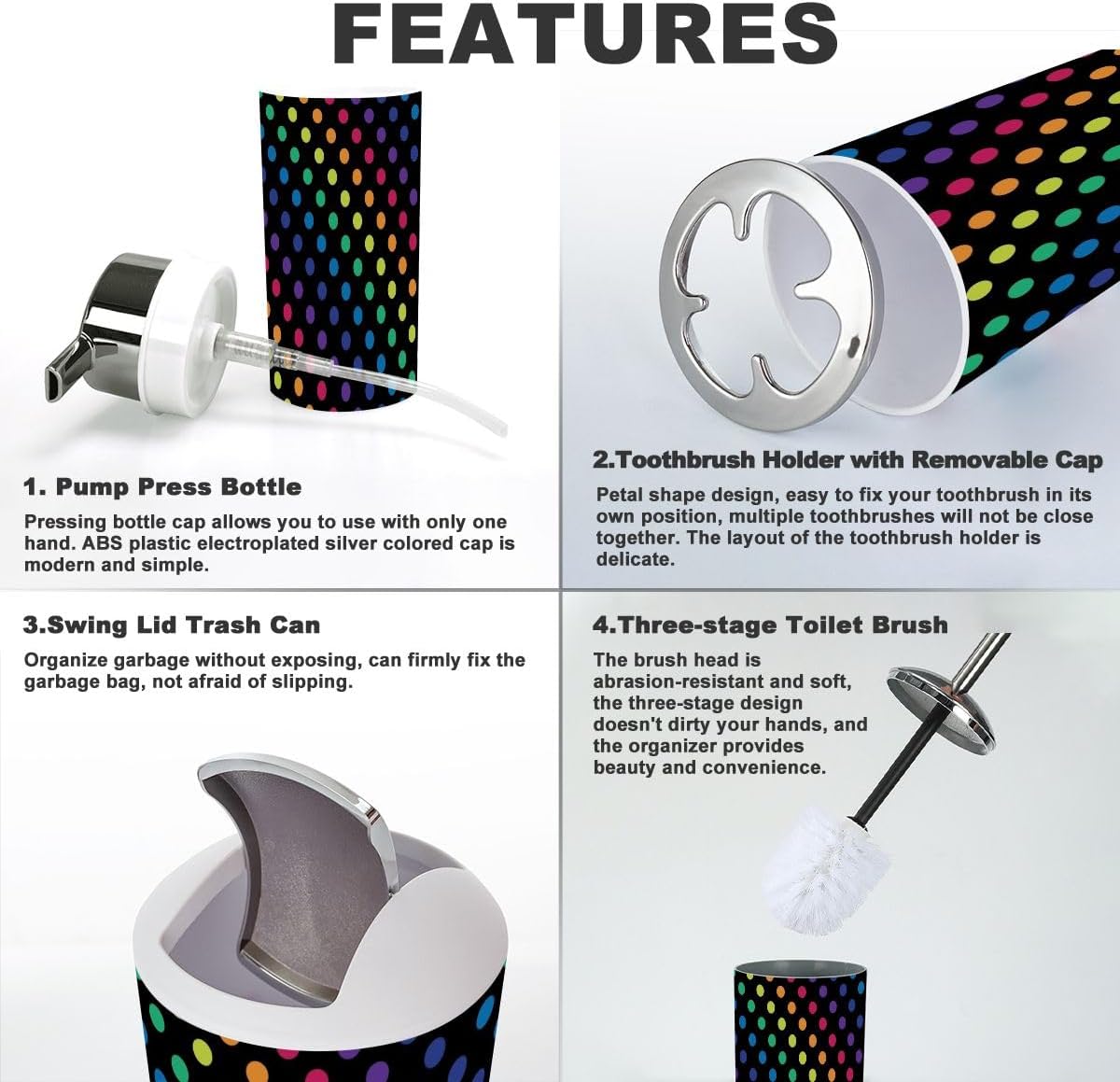 Stylish Rainbow Polka Dot Bathroom Collection 6-Piece Set