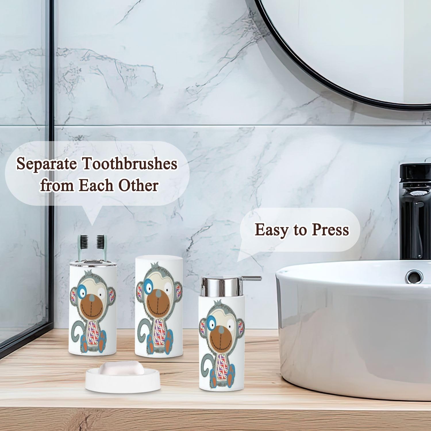 JBNJANKDAVCute Monkey Bathroom Accessories Set of 6 for Kids and Adults