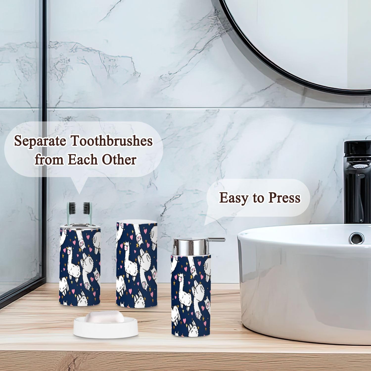 Bathroom Accessories Set 6 Pcs Durable Cute Alpacas Decor