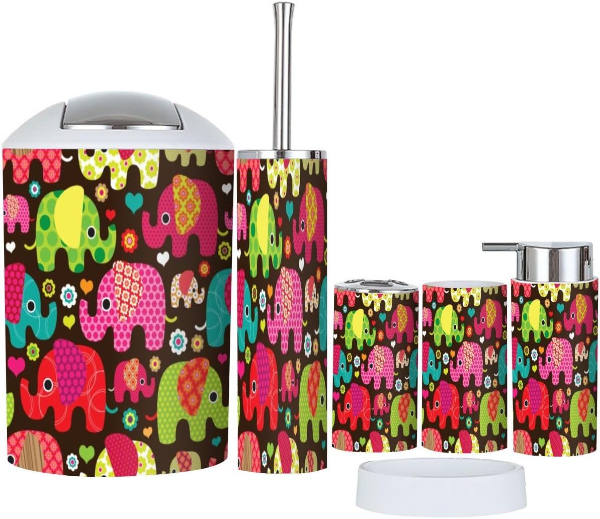 Bathroom Accessories Set 6 Pcs Retro Elephant Kids Pattern