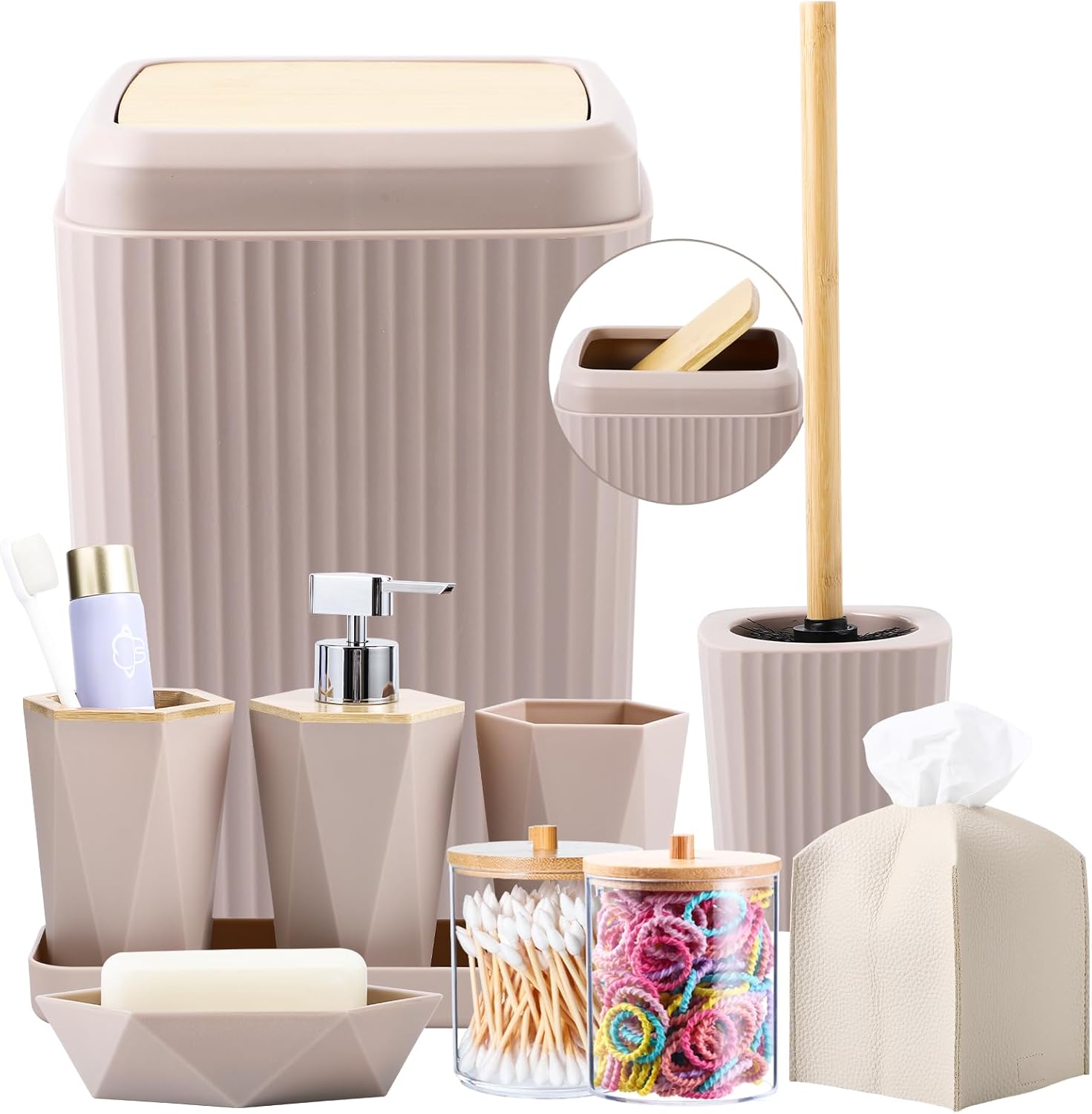 Elegant 10-Piece Bathroom Organizer Set with Bamboo Leather Features